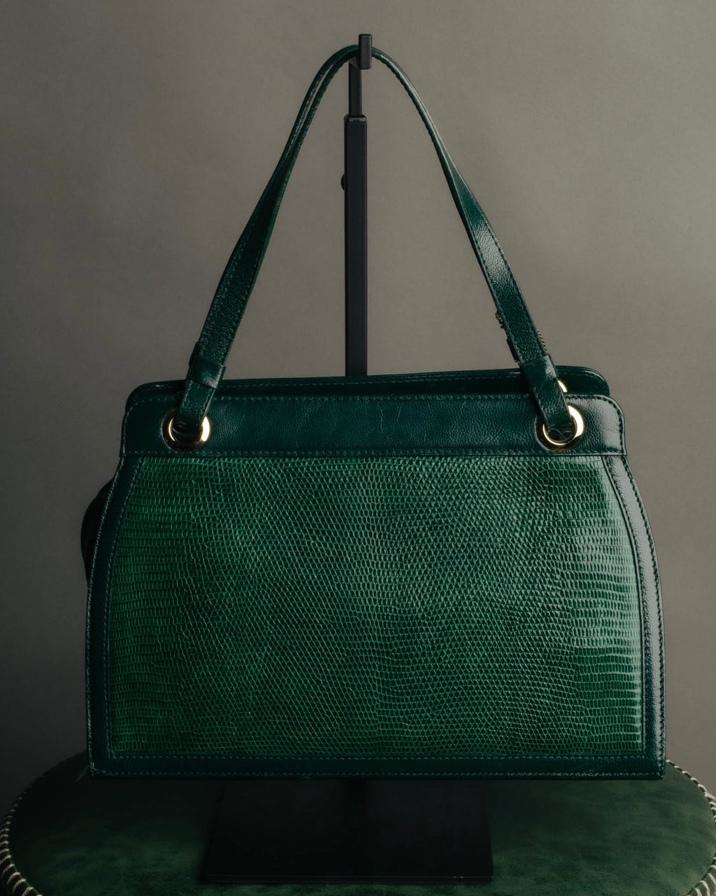 -SPECIAL- "Yves Saint Laurent" 80's-90's Glossy green exotic leather shoulder handbag
