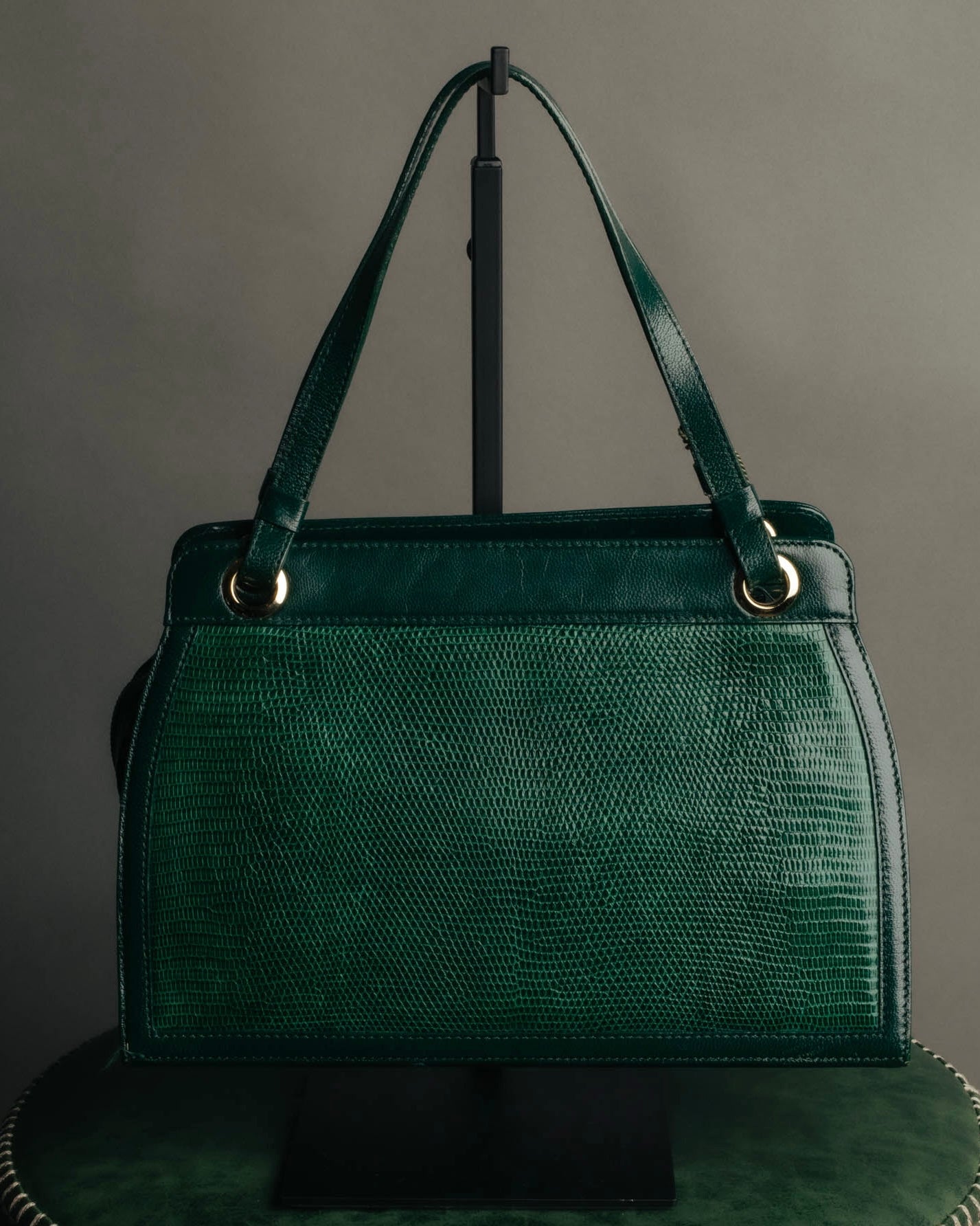 -SPECIAL- "Yves Saint Laurent" 80's-90's Glossy green exotic leather shoulder handbag