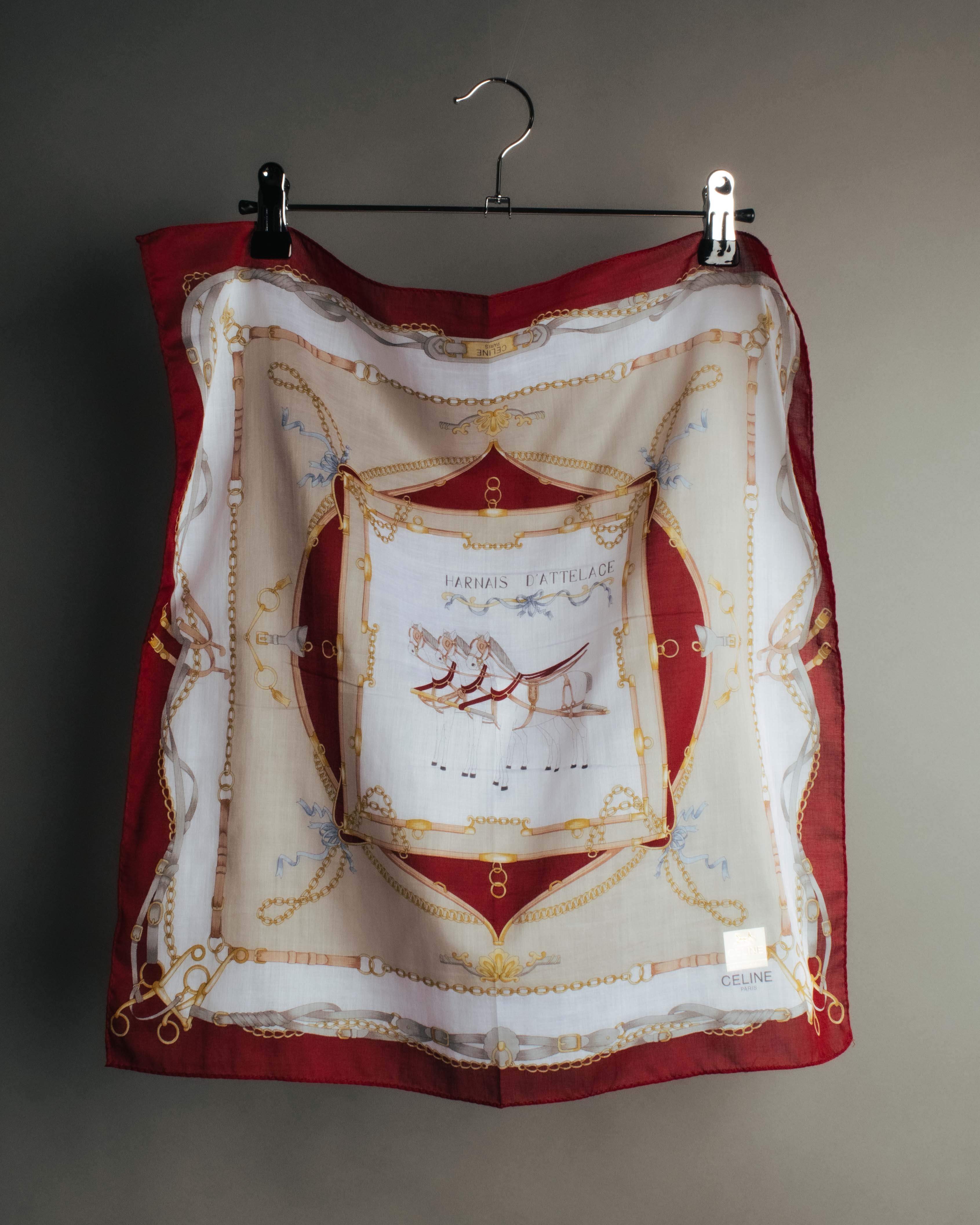 "CELINE" 90's-00's Vintage equestrian harness motif cotton handkerchief scarf