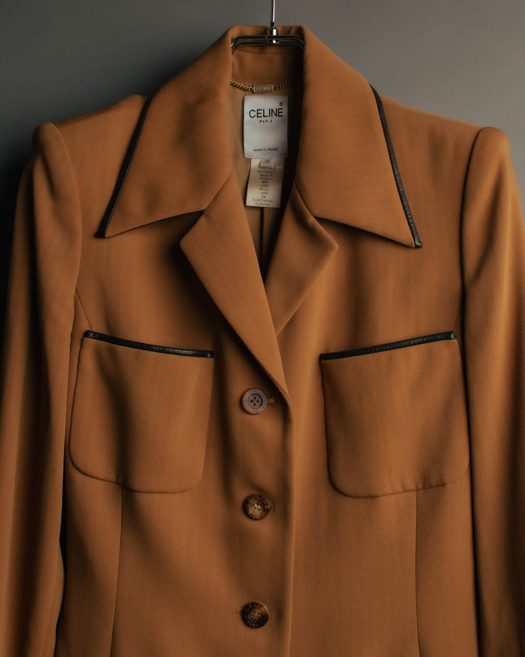 -SPECIAL- "CELINE" 80's-90's Black piped wool tailored jacket