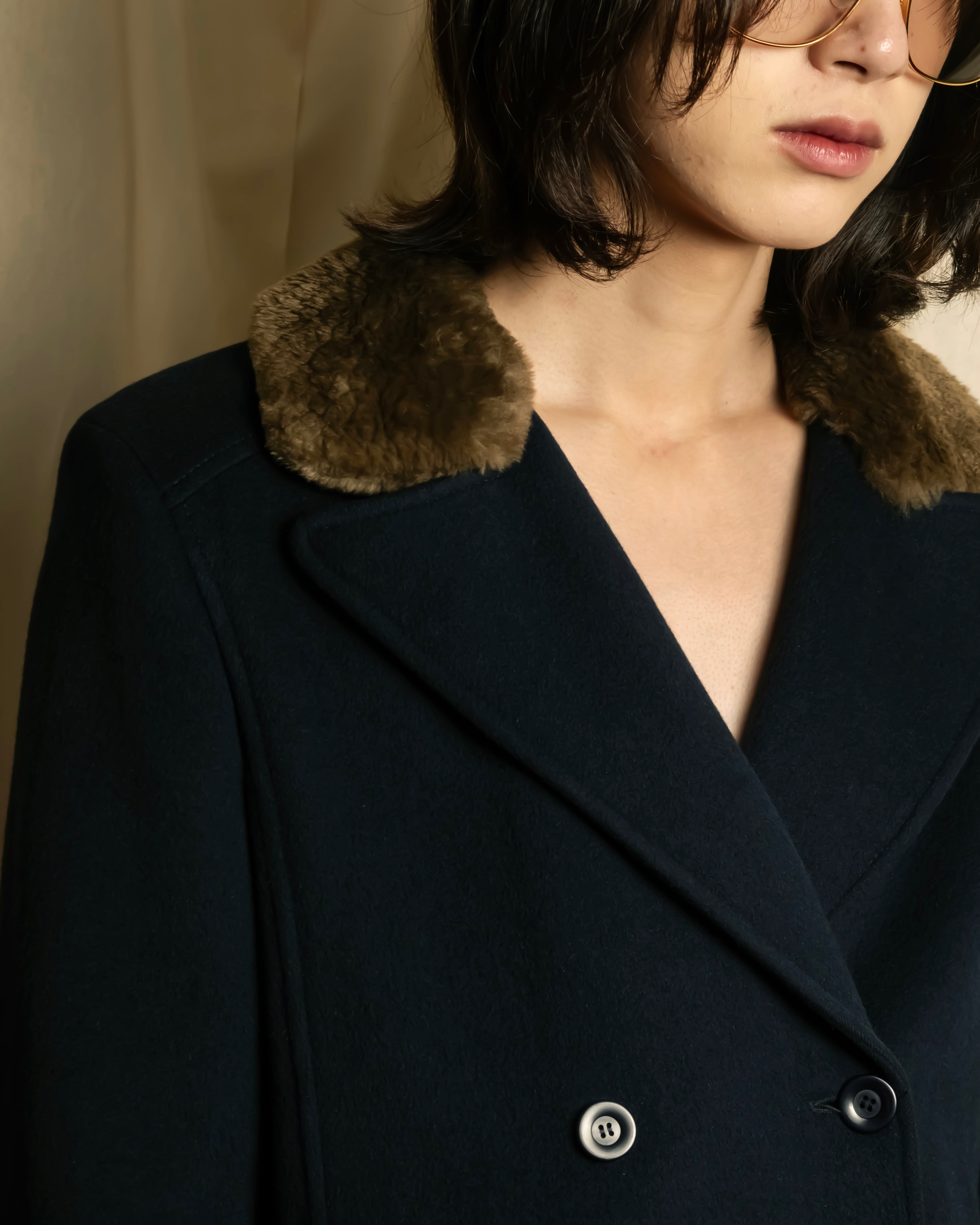 "VALENTINO" Fur collar double-breasted wool coat
