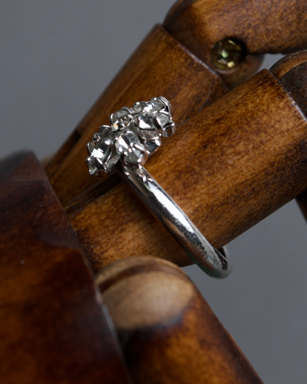 "Christian Dior" Flower motif rhinestone silver ring