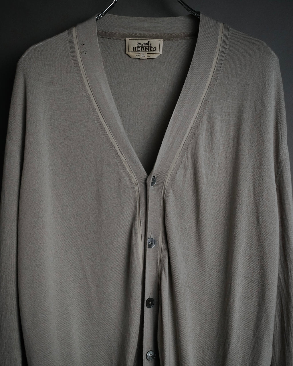 “HERMES” 2000’s Lambskin trimmed high gauge wool cardigan