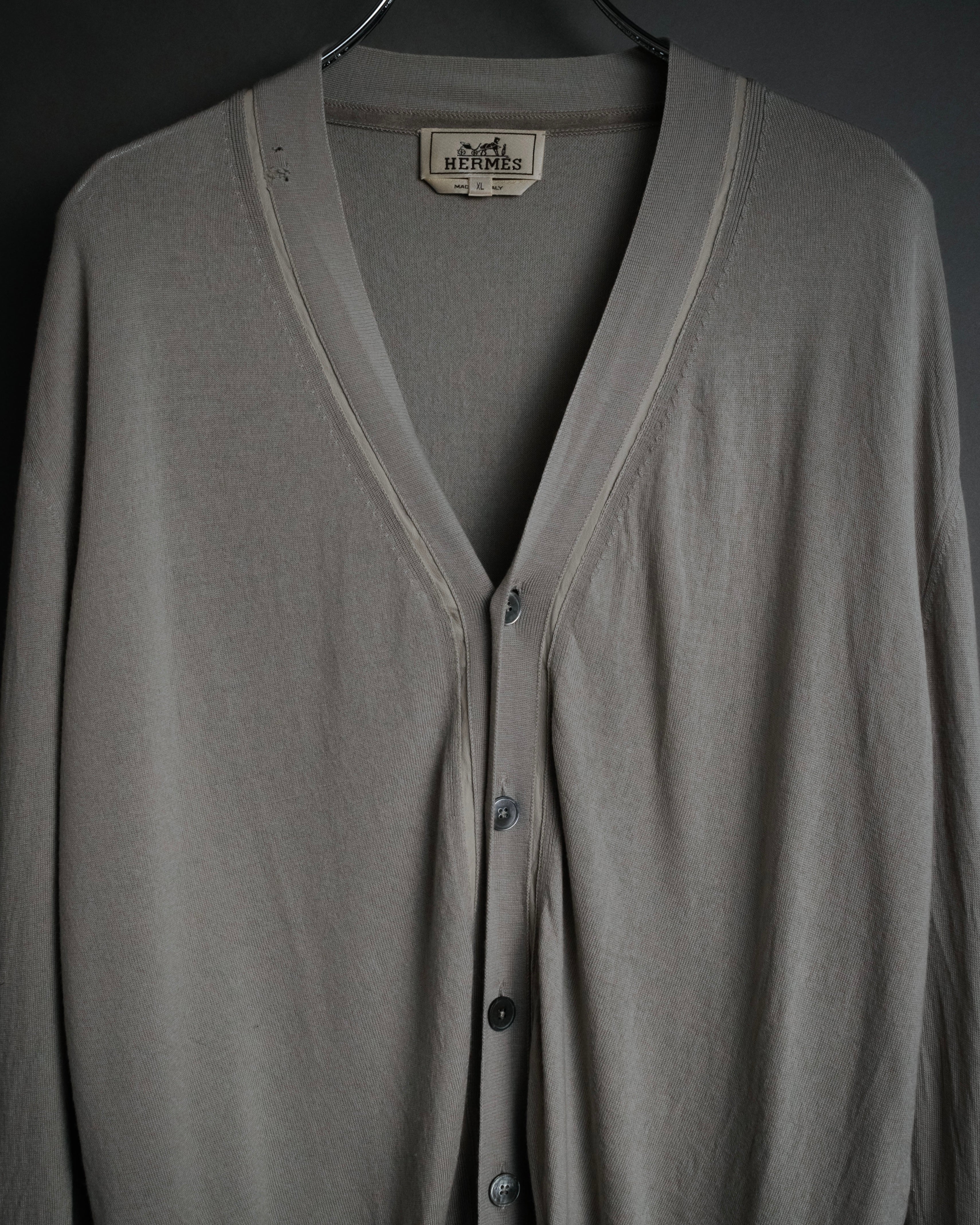 “HERMES” 2000’s Lambskin trimmed high gauge wool cardigan