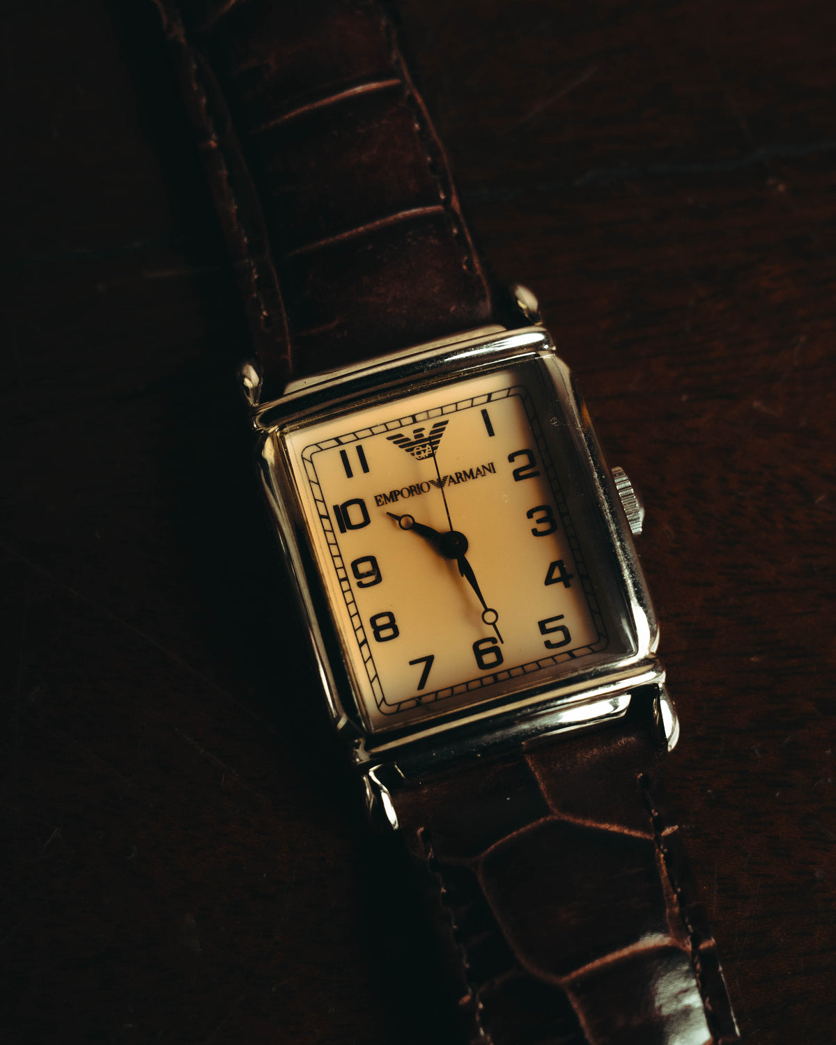 “EMPORIO ARMANI” Late 90’s-early 10’s Art deco rectangular leather strap watch