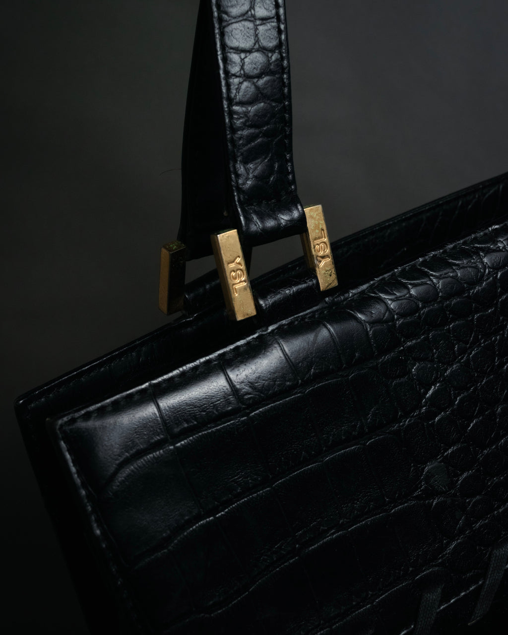 “YVES SAINT LAURENT” 90’s–Early 00’s Croc embossed leather woven stitch tote bag