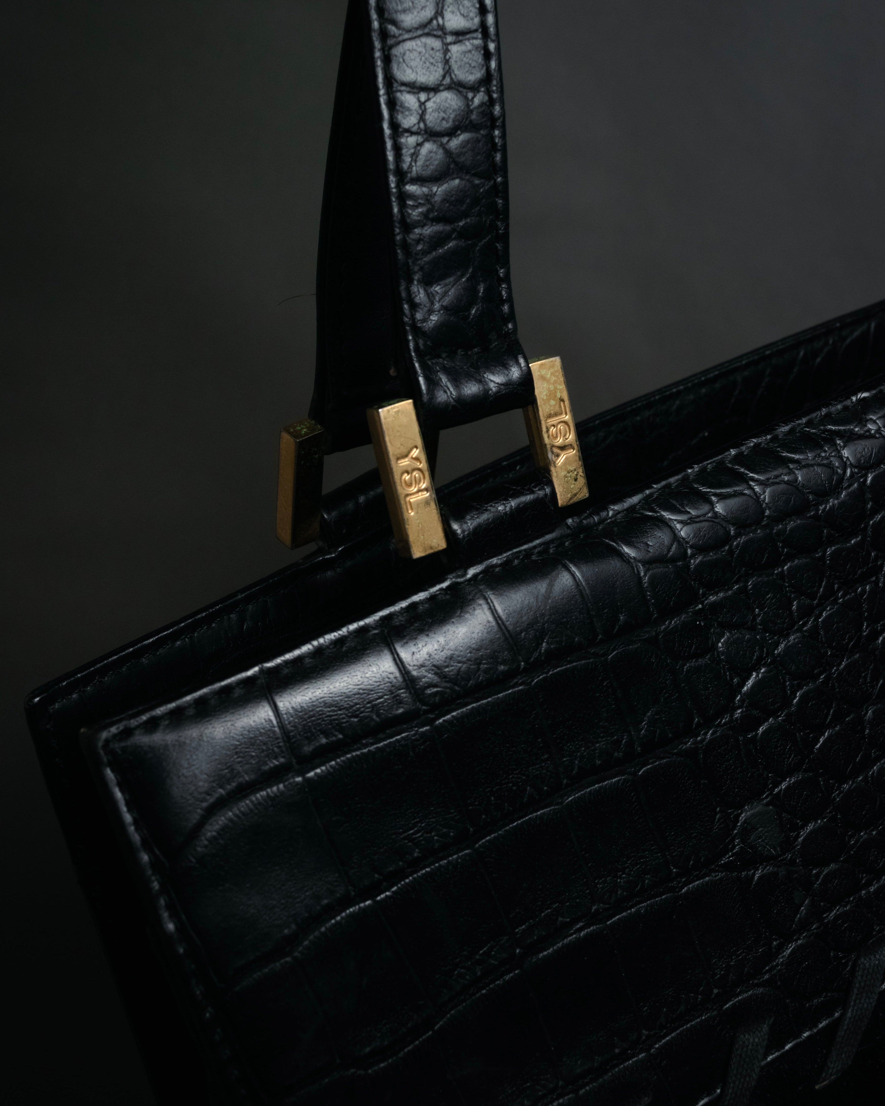 “YVES SAINT LAURENT” 90’s–Early 00’s Croc embossed leather woven stitch tote bag