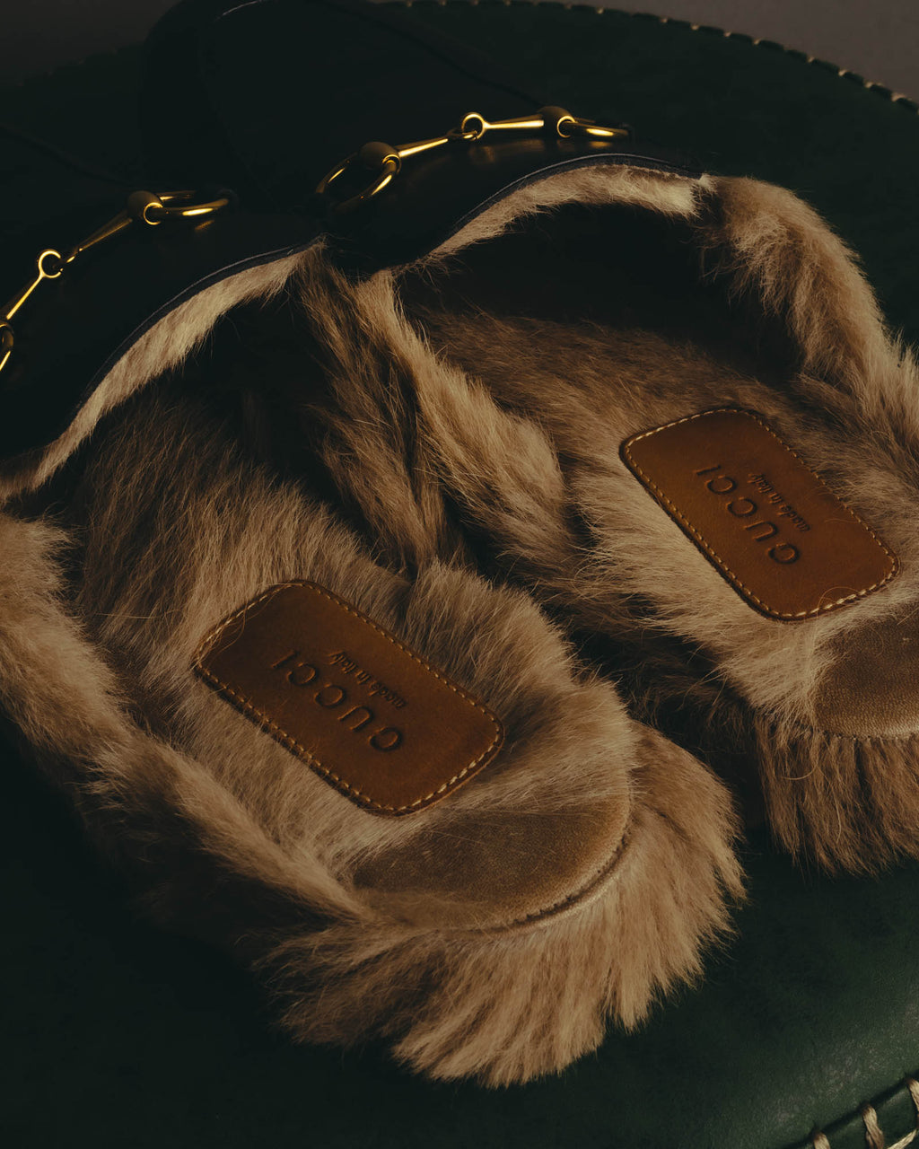 "GUCCI" 2010's Fur lined horsebit leather loafer mule