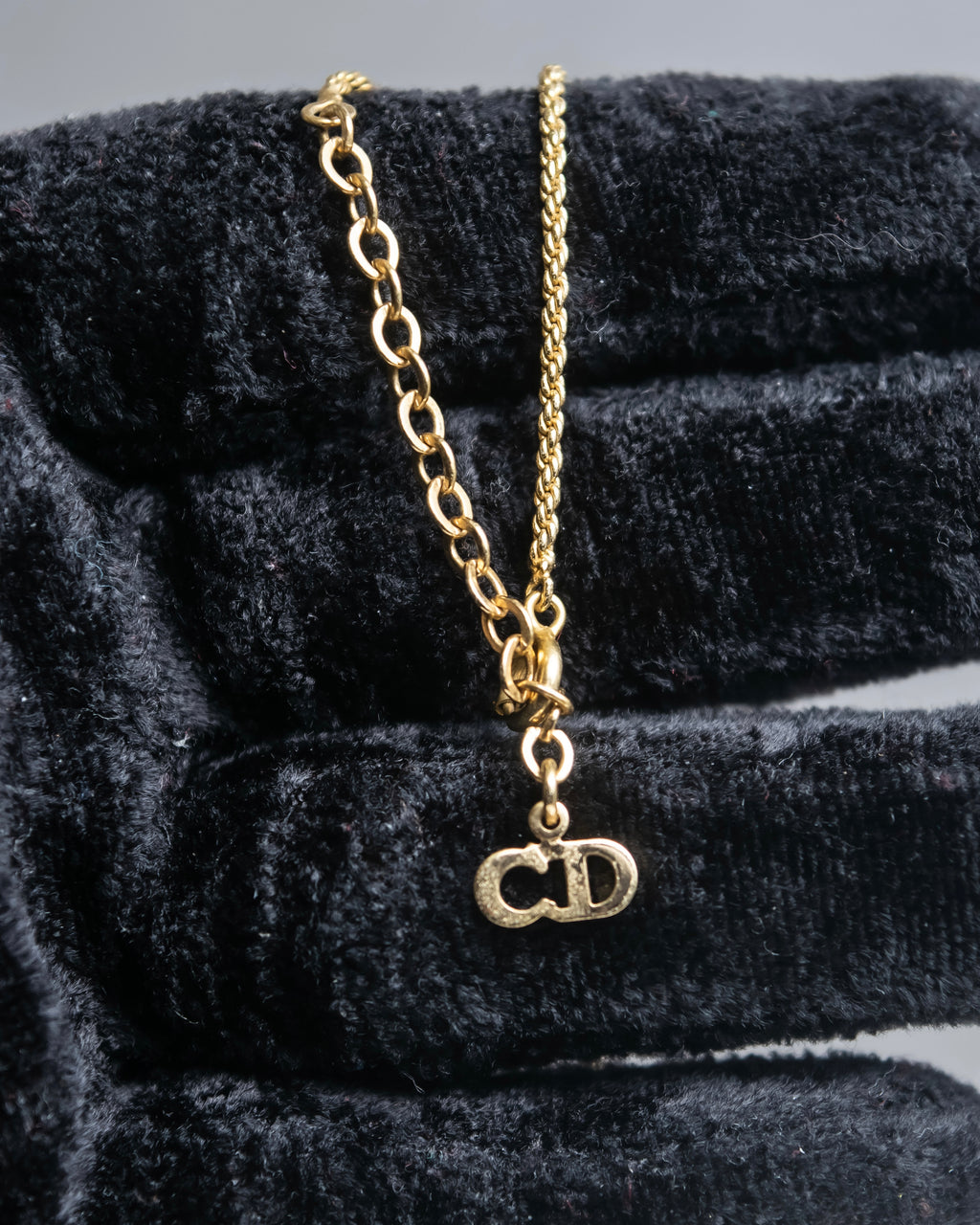 "Christian Dior" Rhinestone studded CD logo design in gold necklace