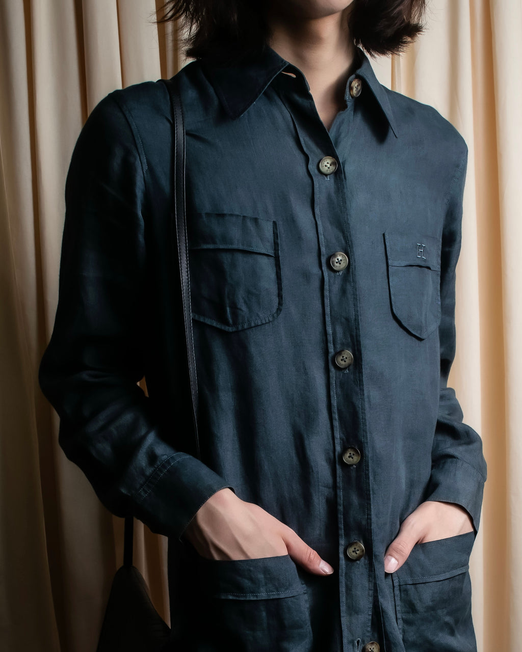 "HERMES" 90's Military detail linen long shirt dress