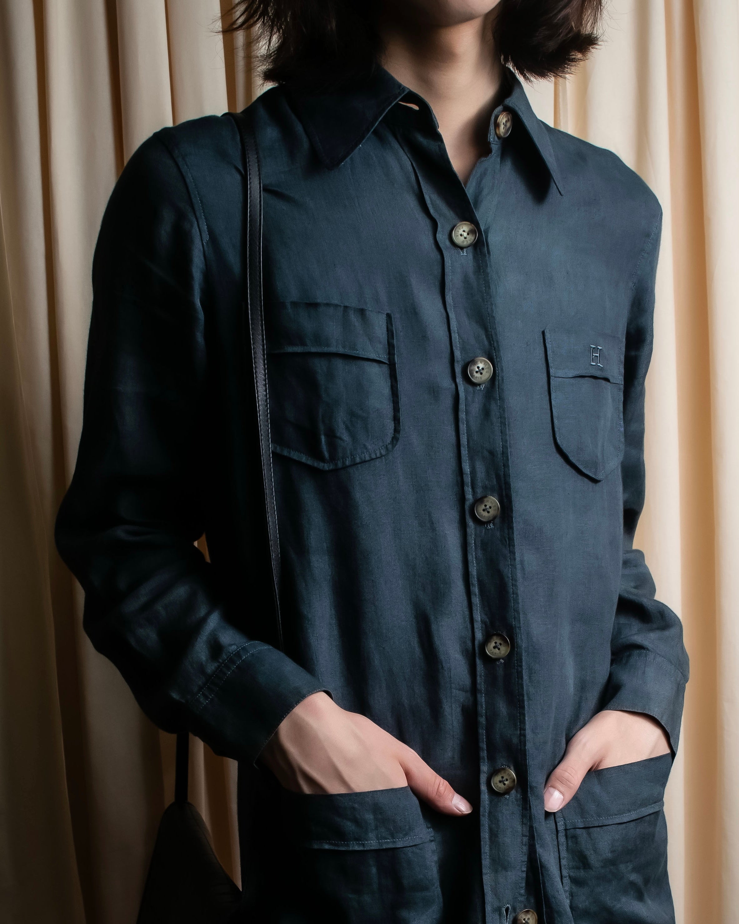 "HERMES" 90's Military detail linen long shirt dress