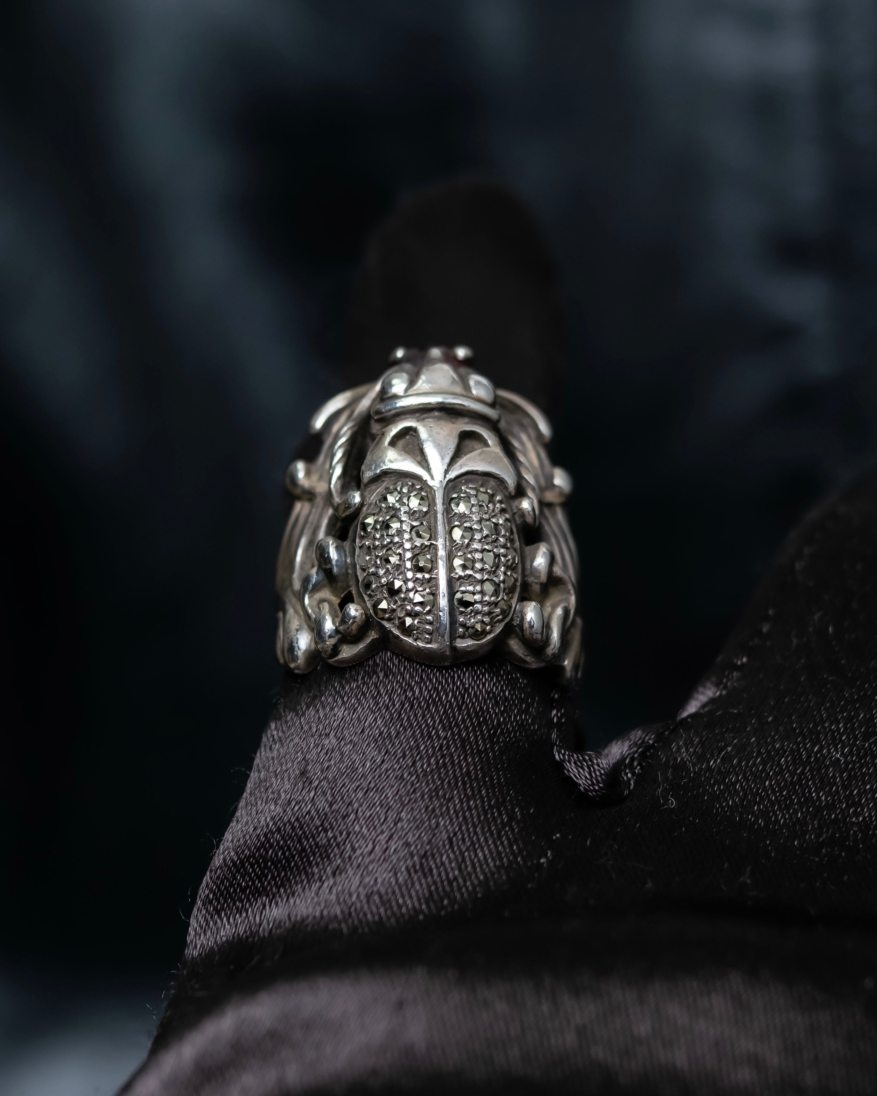 “Vintage” Beetle motif stone decorated silver ring
