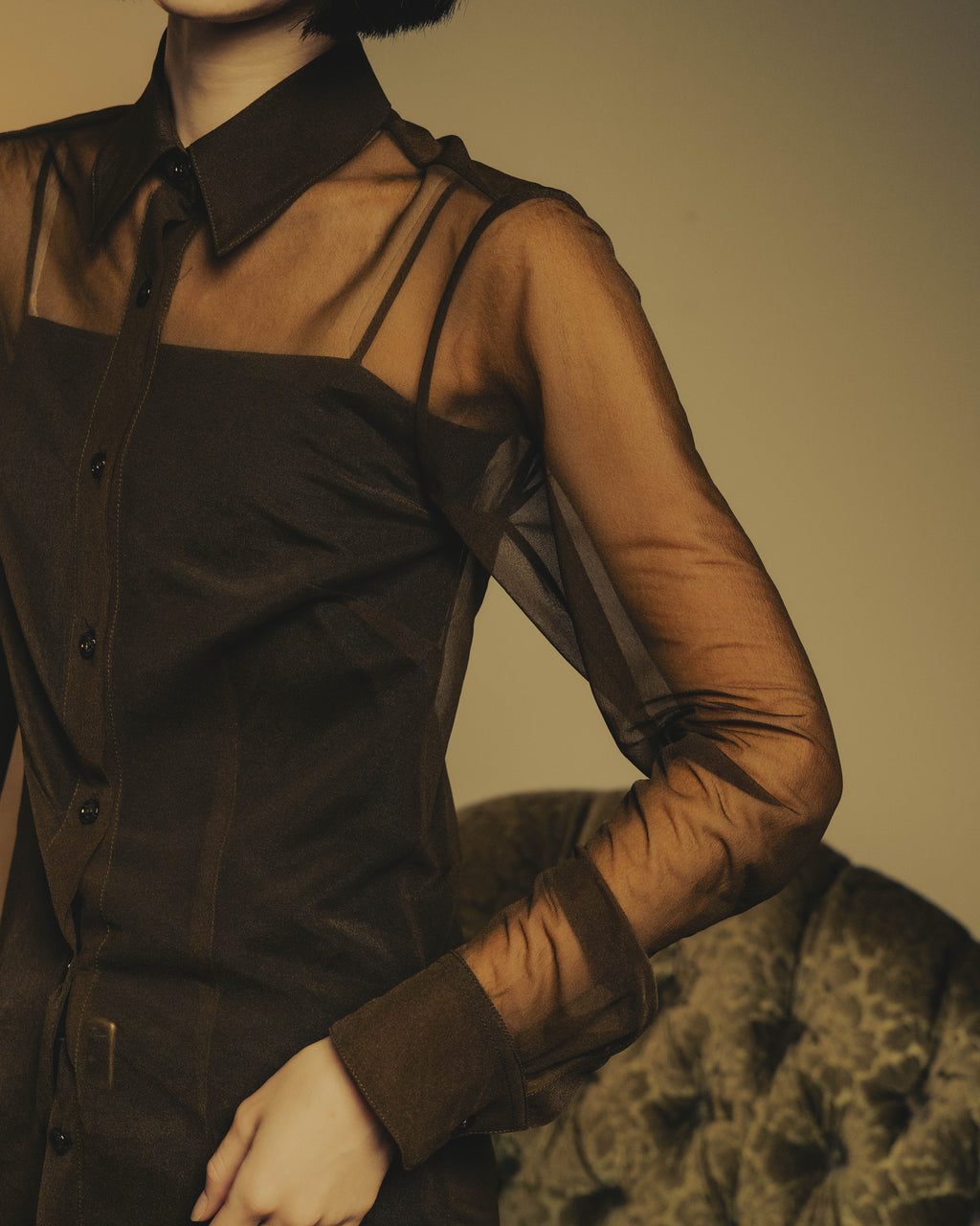 -SPECIAL- “Dries Van Noten” 20’s Sheer brown tailored long sleeve shirt