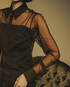 -SPECIAL- “Dries Van Noten” 20’s Sheer brown tailored long sleeve shirt