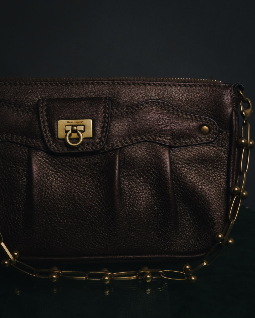 "Salvatore Ferragamo" 2000’s gathered metallic leather ball-link shoulder bag