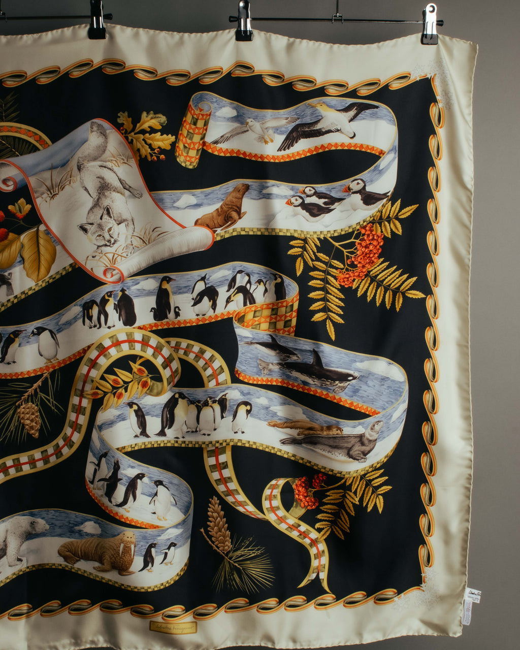 "Salvatore Ferragamo" 90's-00's Vintage arctic fauna and scrolling ribbon silk scarf