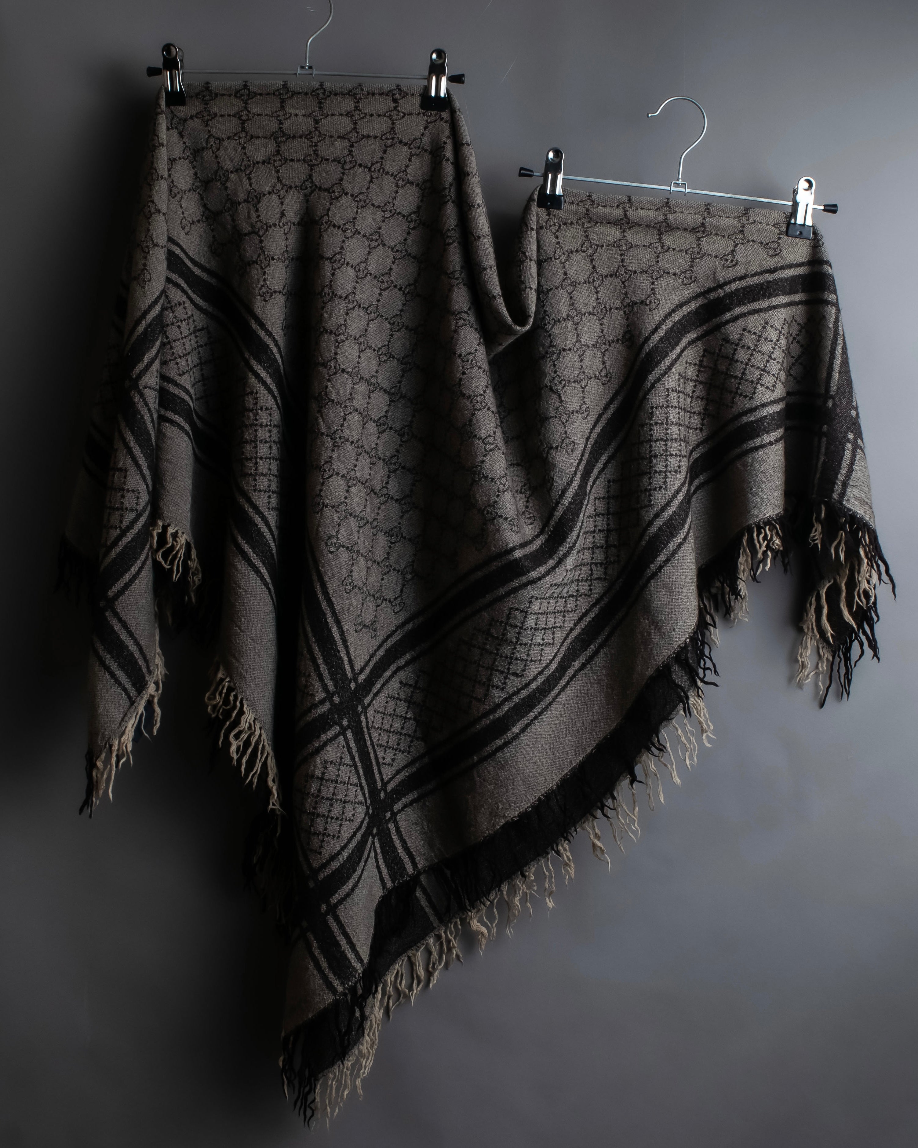 "GUCCI" GG monogram &amp; check pattern fringe large stole