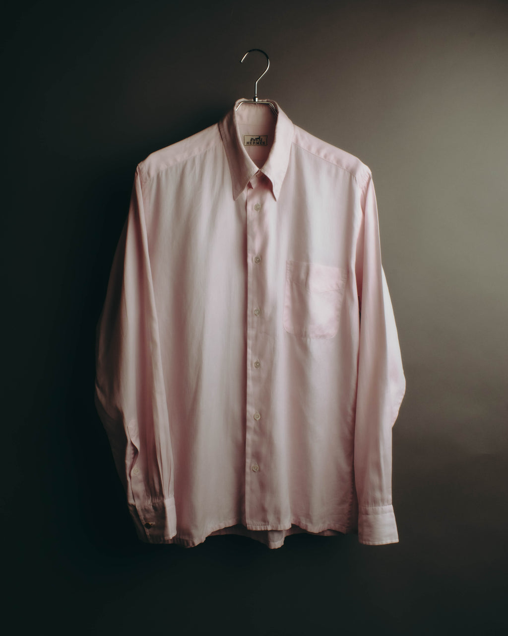 "Hermès" 80's-early 90's Pale pink herringbone cotton dress shirt