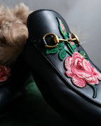 "GUCCI" Rose＆leaf embroidery princetown loafers