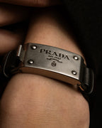 "PRADA" Logo engraved metal plate design leather bracelet