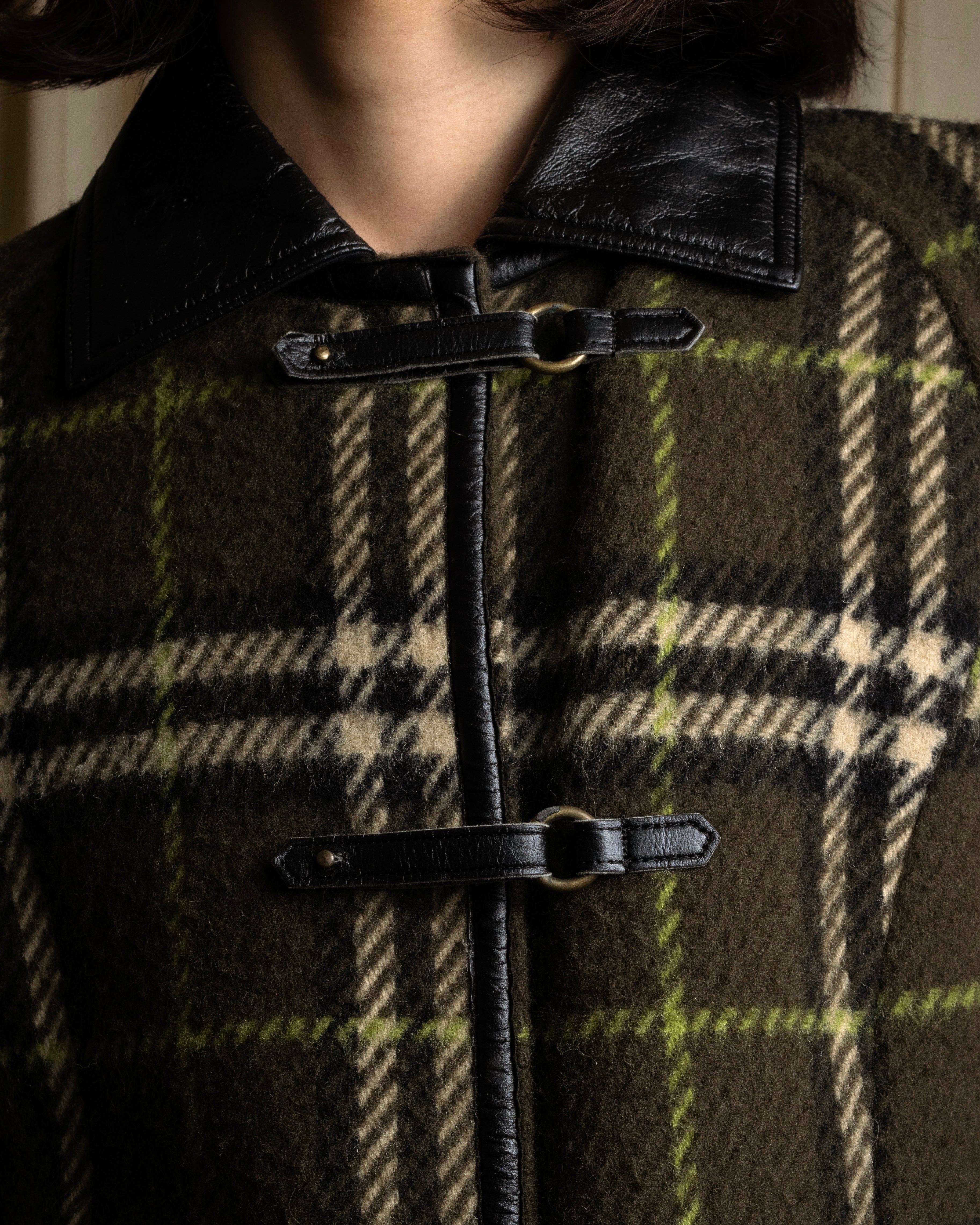 "BURBERRY" Leather switching design check tweed coat