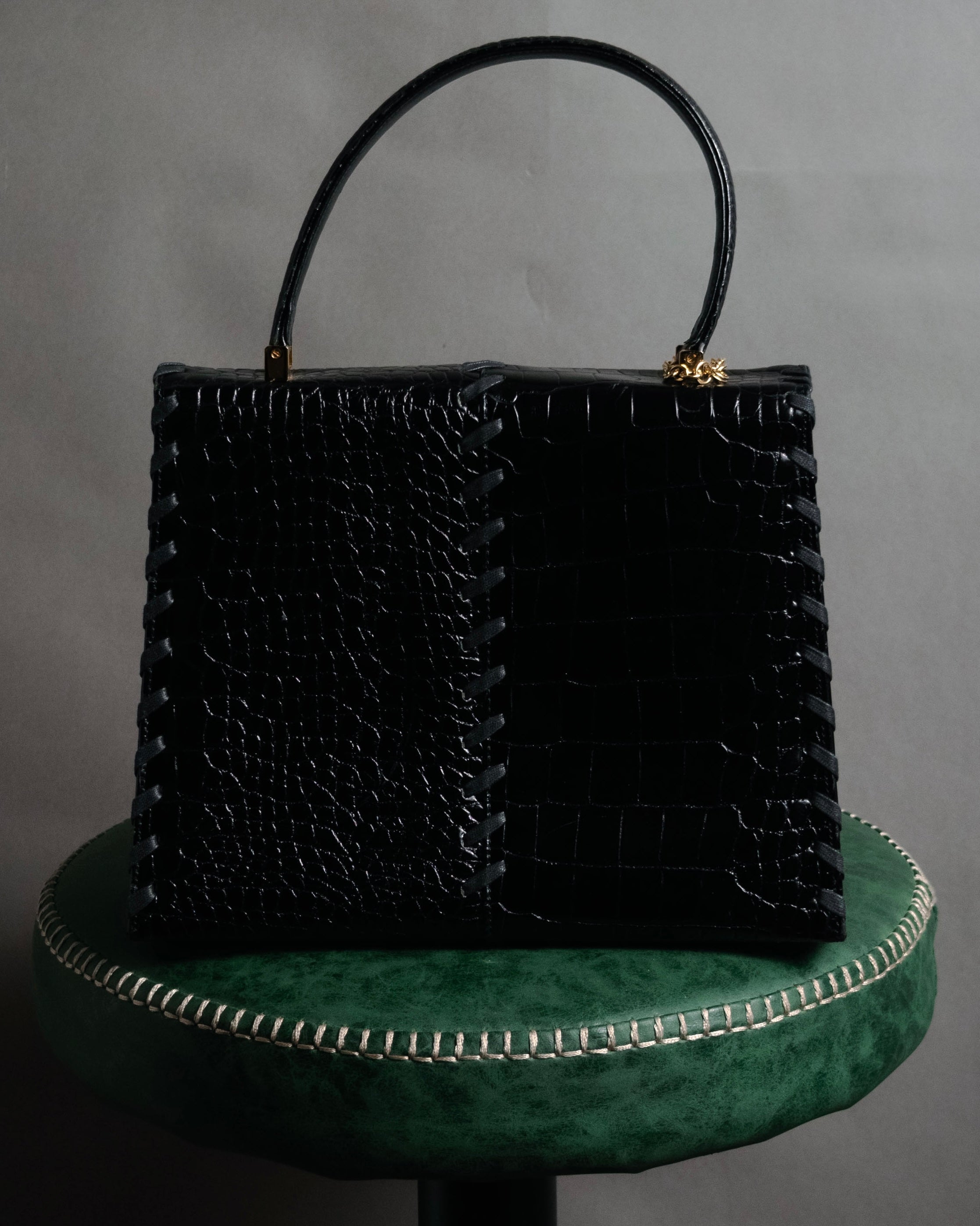 "Yves Saint Laurent" 90’s croc embossed whipstitch trapeze handbag