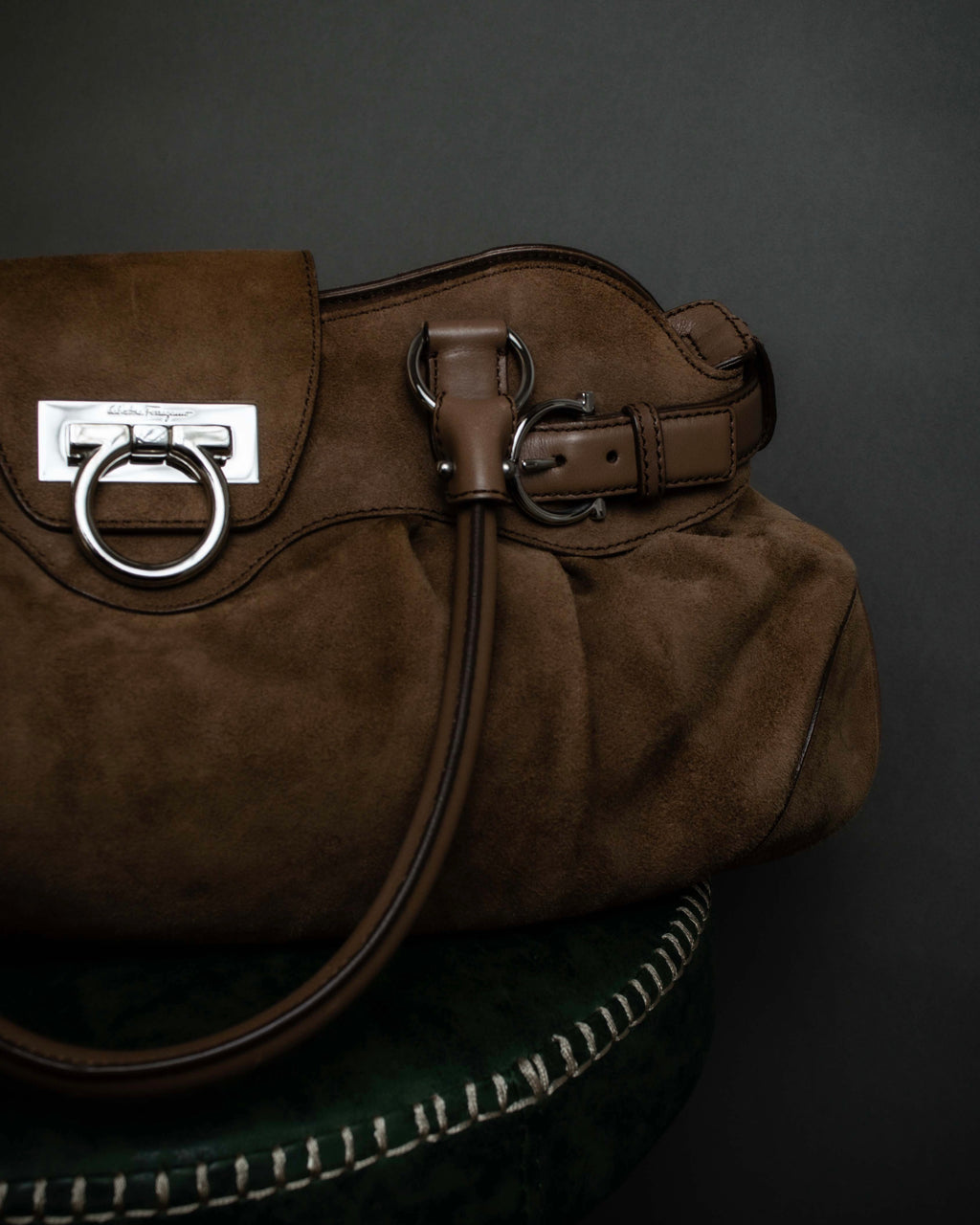 "Salvatore Ferragamo" Gathered form Gancini motif design suede hand bag