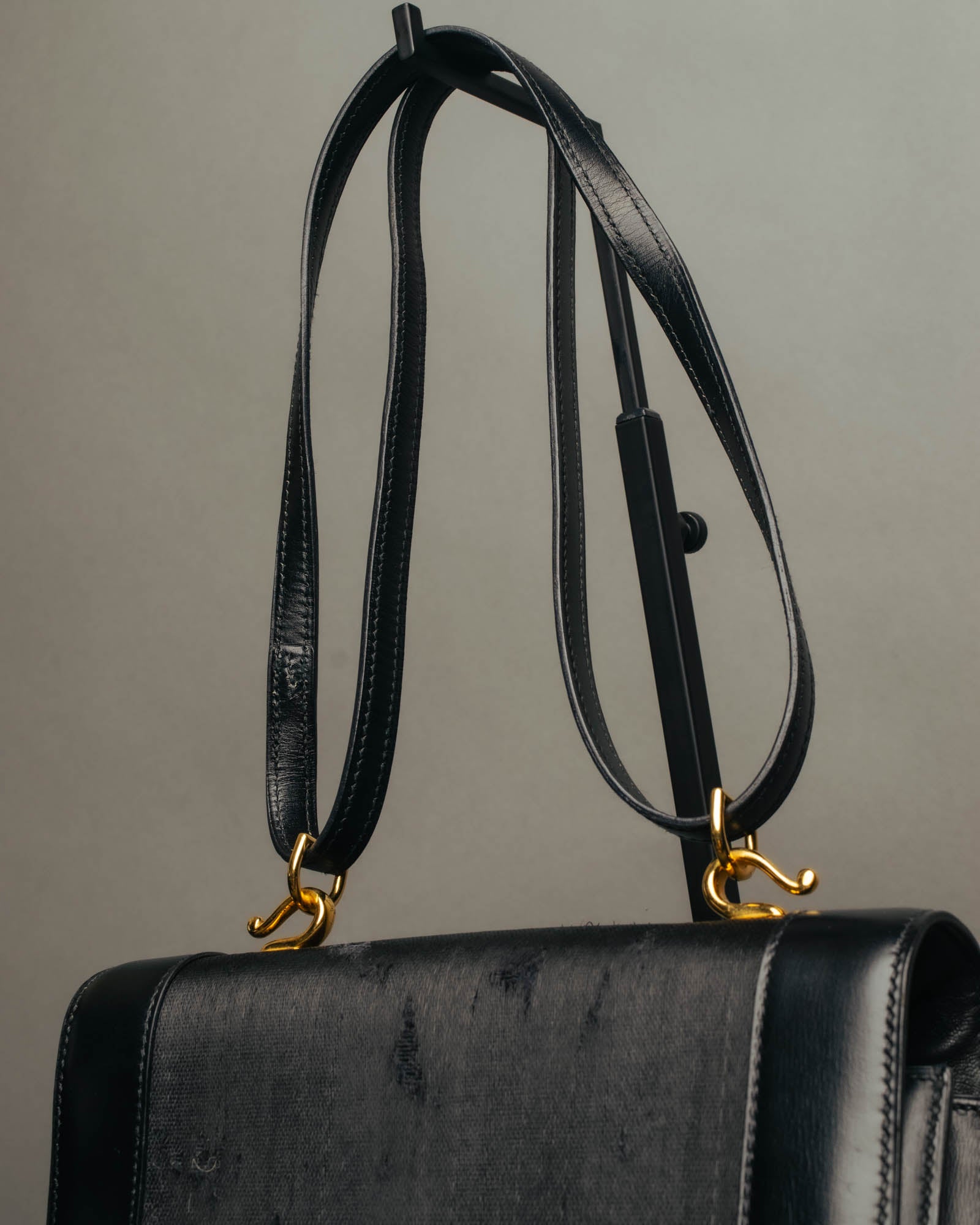 -SPECIAL- “HERMÈS” 80’s-90’s Camargue black leather and canvas shoulder bag