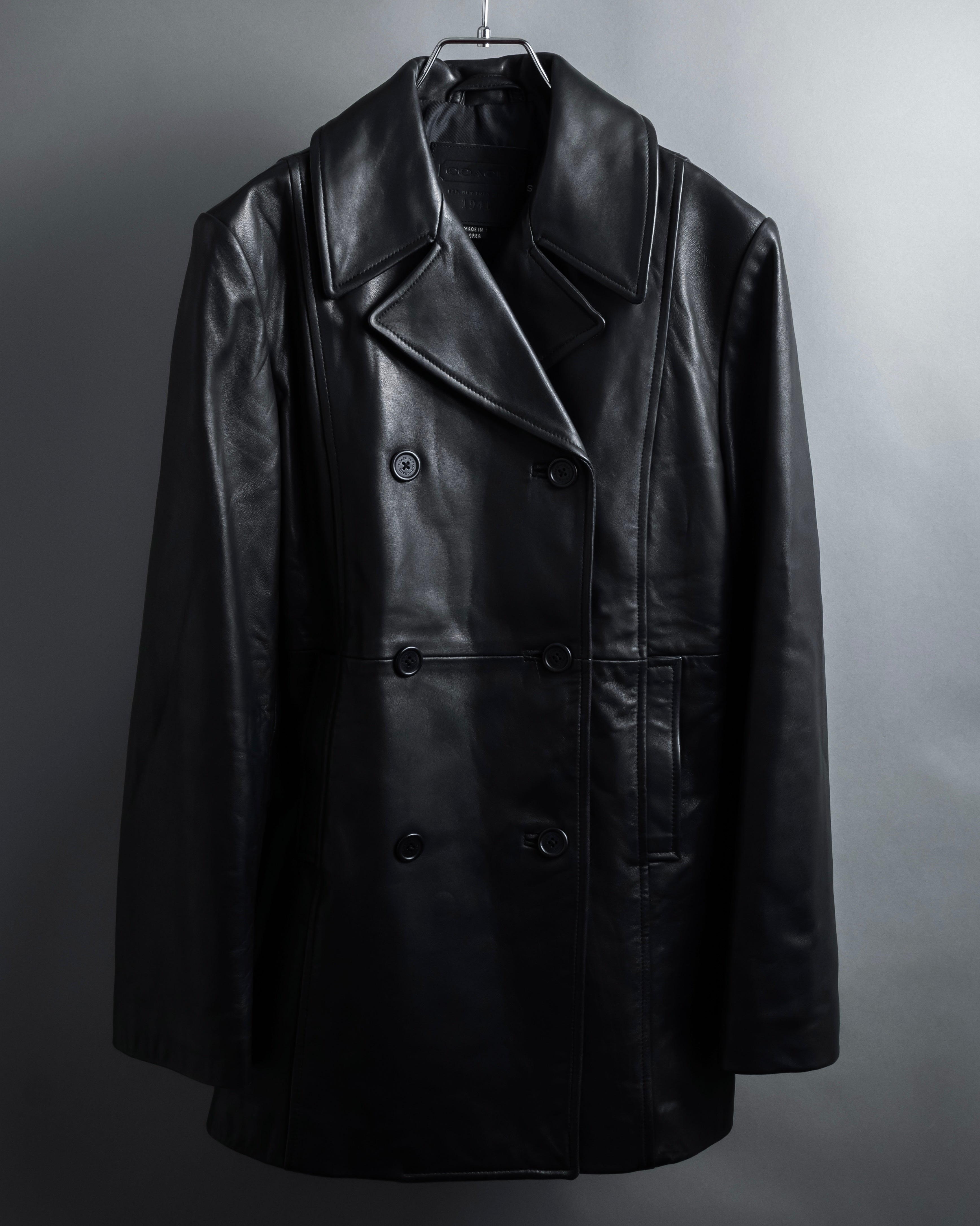 "COACH" Double-breasted panel work design leather coat