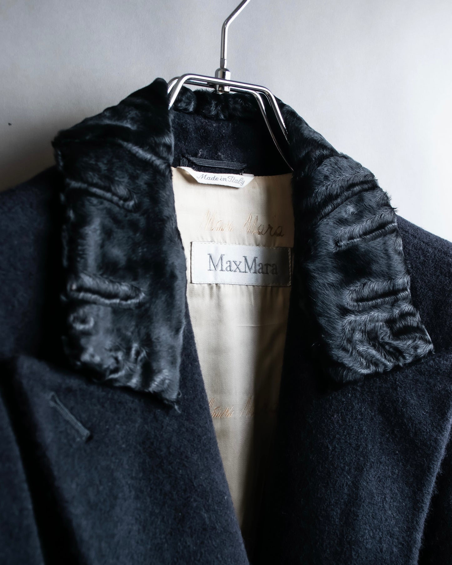 "Max Mara" 
Swakara fer collar oversized wrap style chester coat