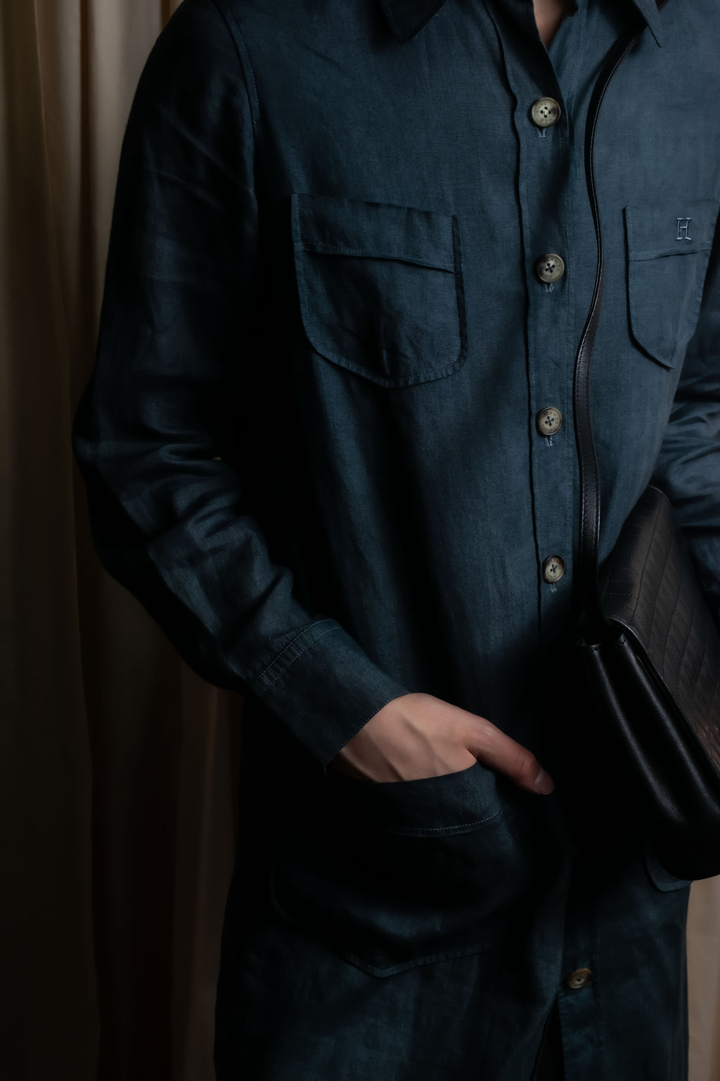 "HERMES" 90's Military detail linen long shirt dress