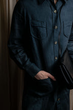 "HERMES" 90's Military detail linen long shirt dress