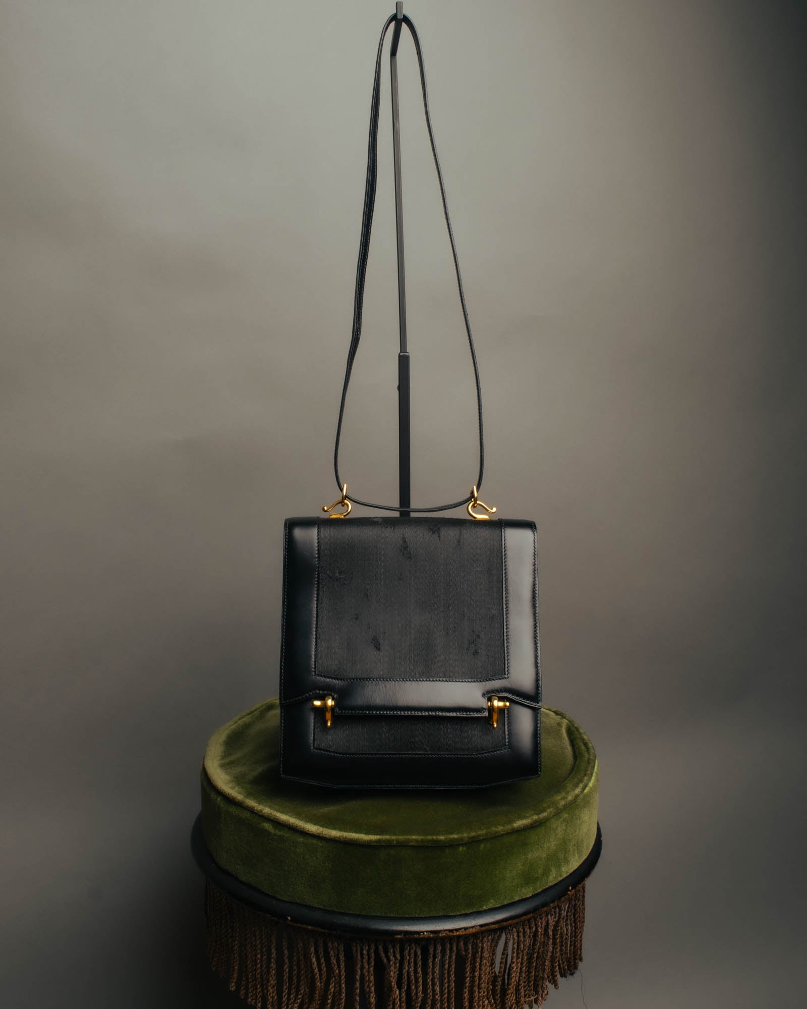 -SPECIAL- “HERMÈS” 80’s-90’s Camargue black leather and canvas shoulder bag