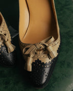 "HERMÈS" 80's-90's Classic bi-color leather tassel brogue pumps
