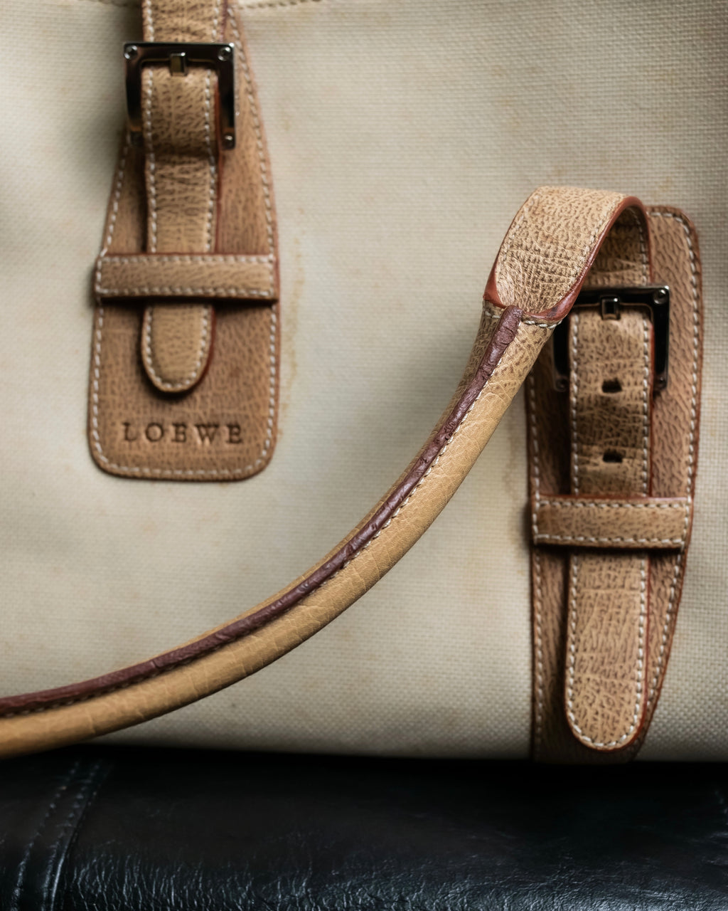 “LOEWE” Leather belted design bicolor handbag