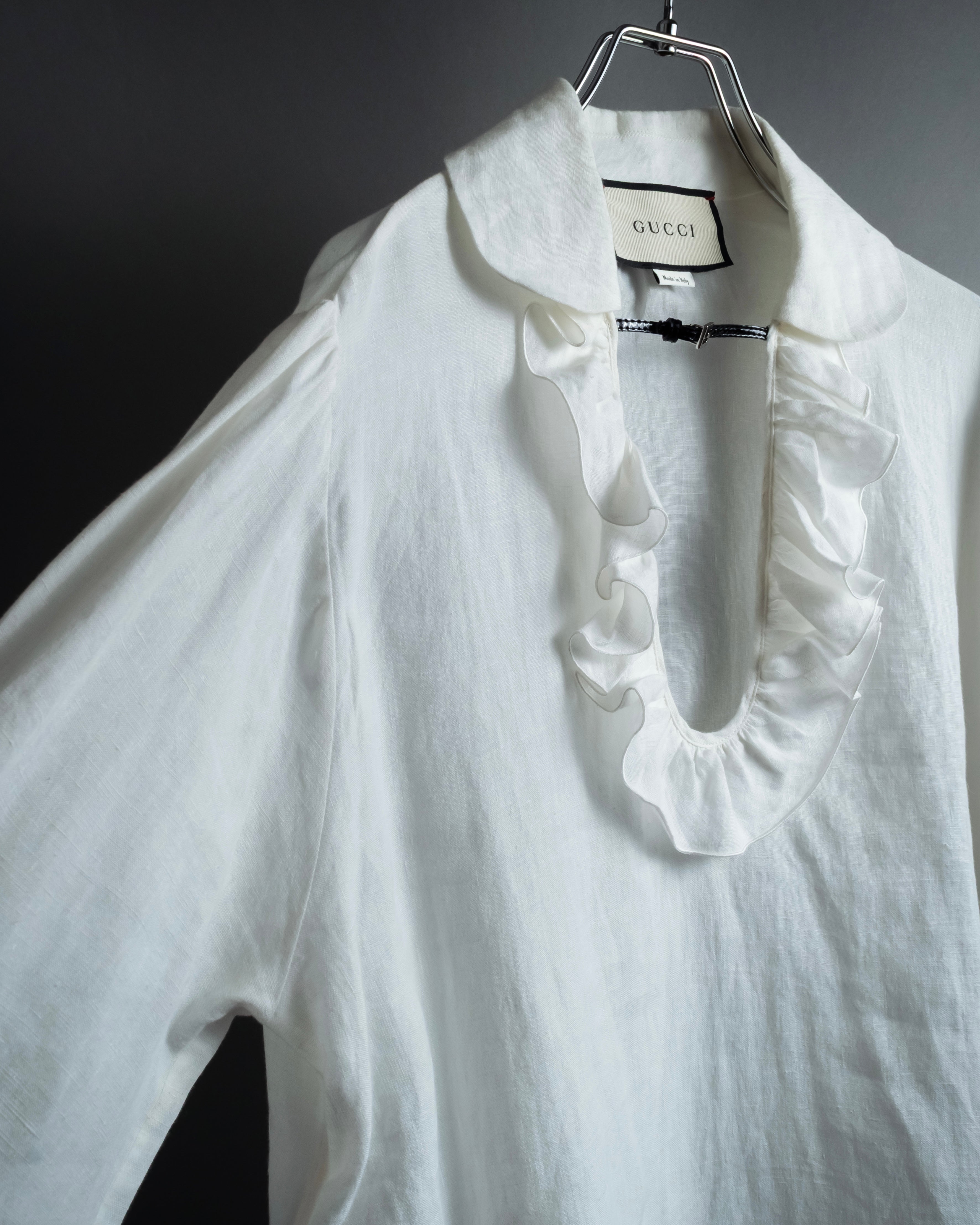 "GUCCI" Michele period ruffle round collar linen pullover shirt