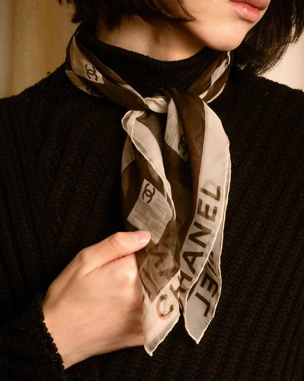 "CHANEL" 90's Square icon logo pattern sheer silk scarf