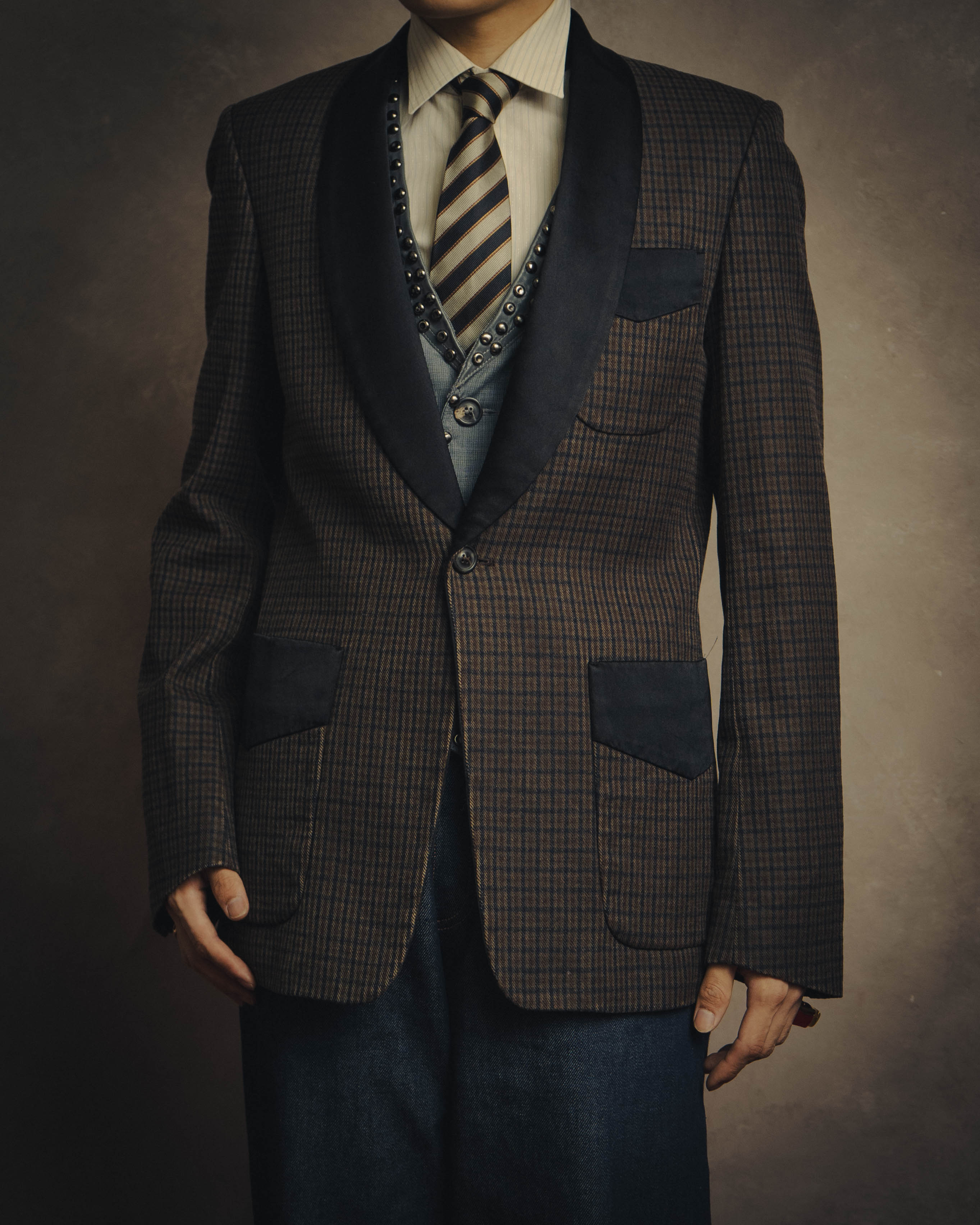 -SPECIAL- "Maison Martin Margiela" 00's Check shawl collar smoking jacket with satin contrast