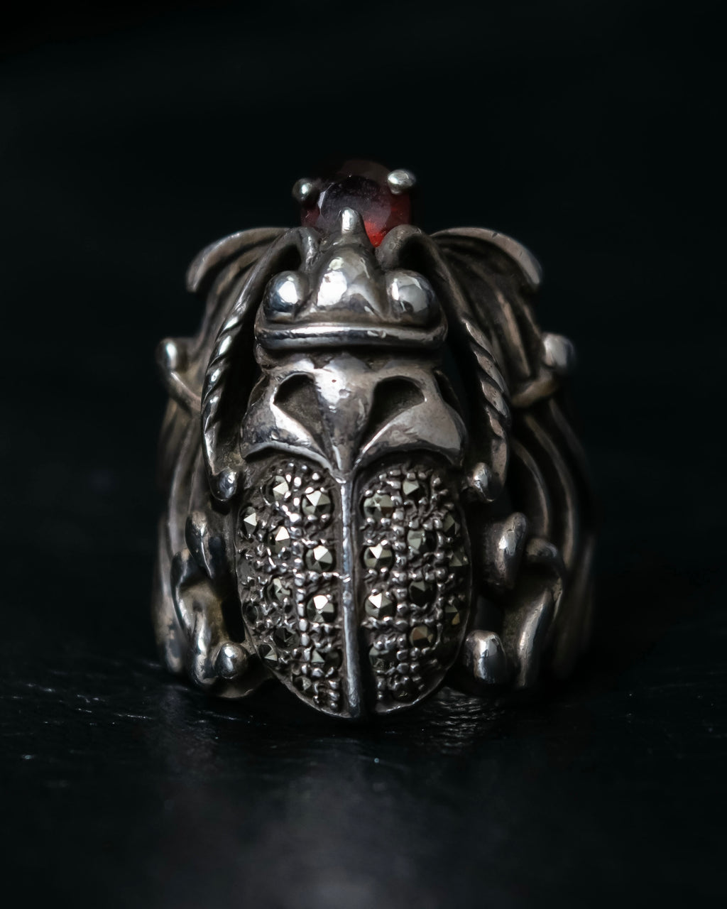 “Vintage” Beetle motif stone decorated silver ring