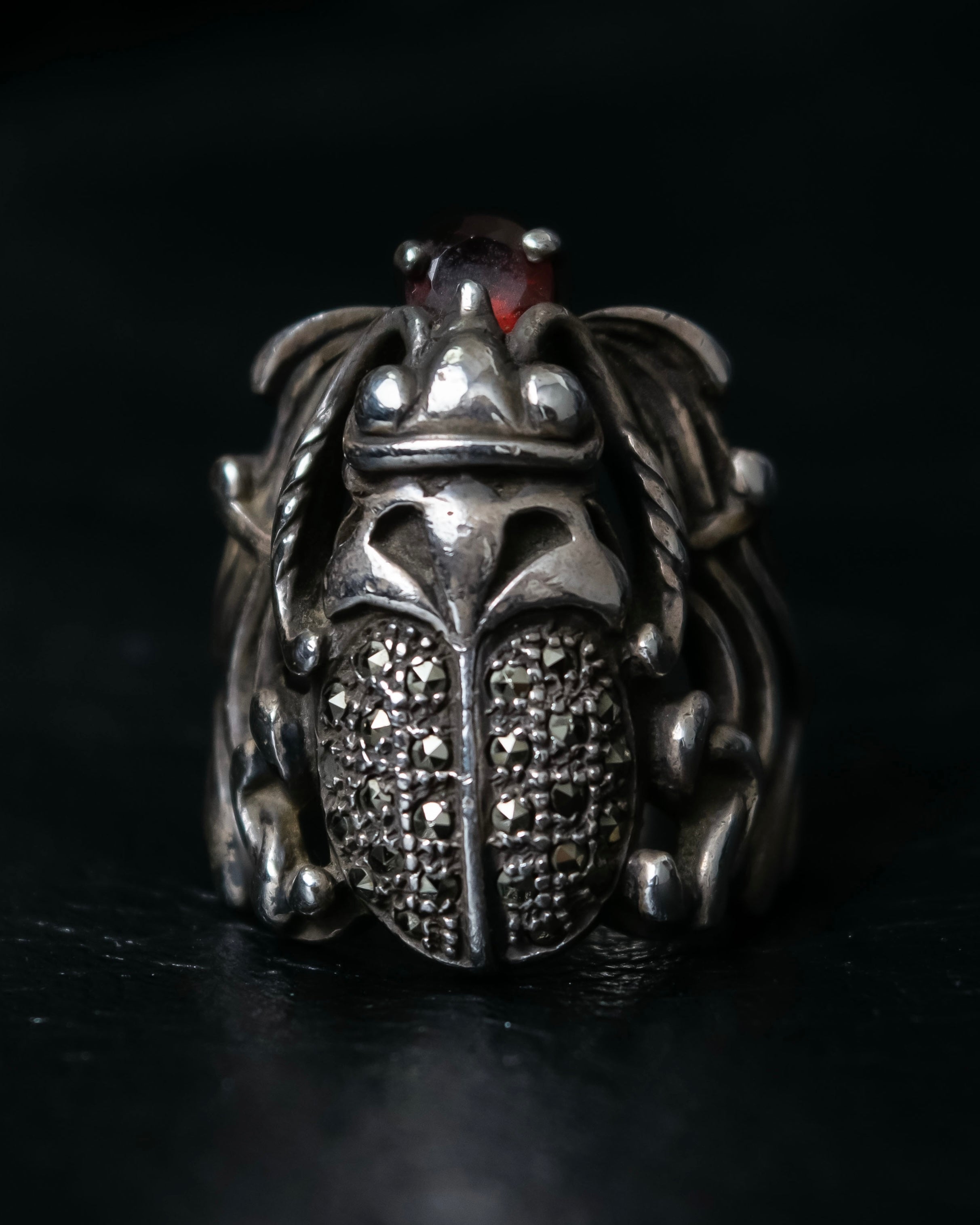 “Vintage” Beetle motif stone decorated silver ring