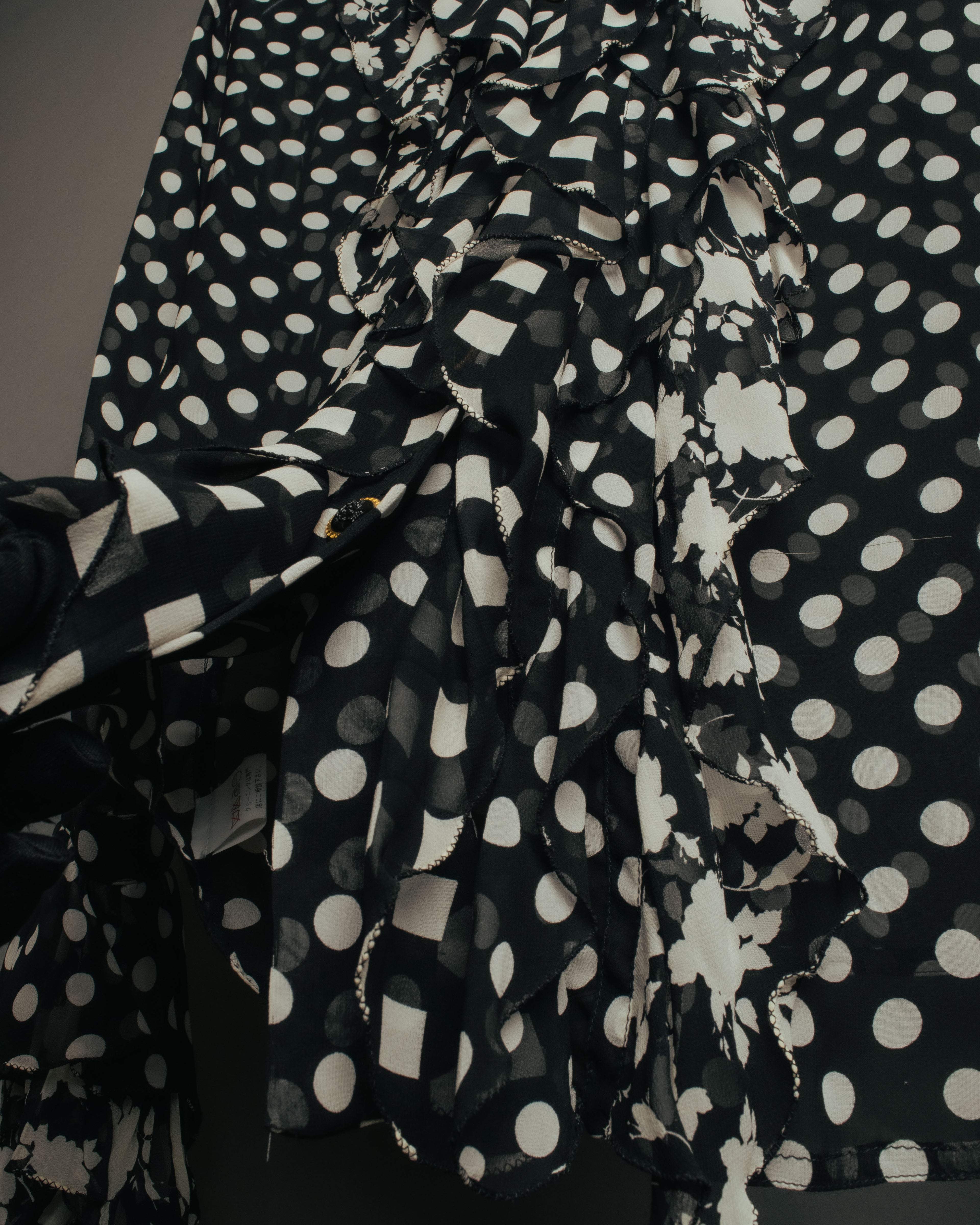 “GIANNI VERSACE COUTURE” 90’s Sheer mixed pattern ruffle blouse