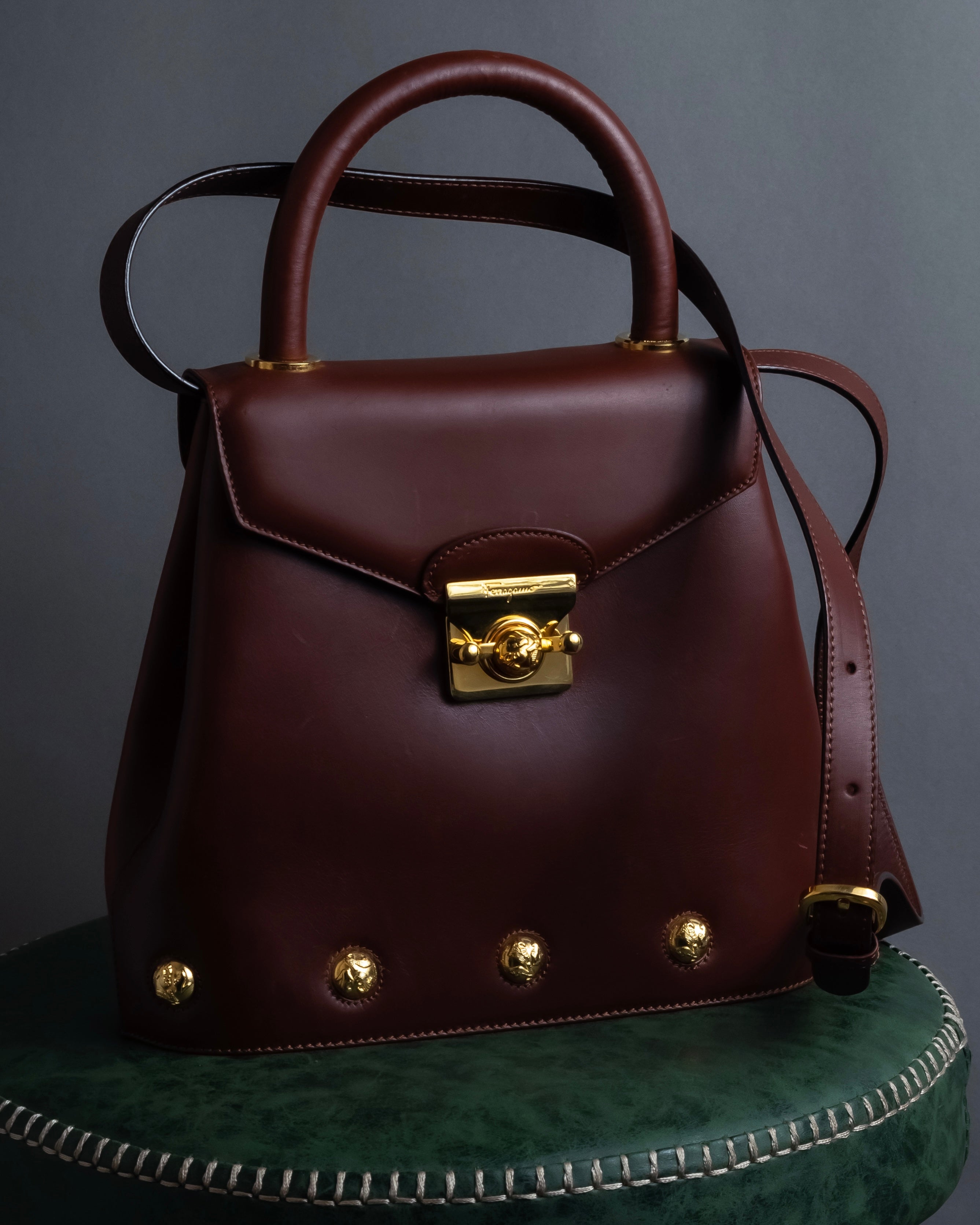 "Salvatore Ferragamo" Coin motif metal design leather hand bag