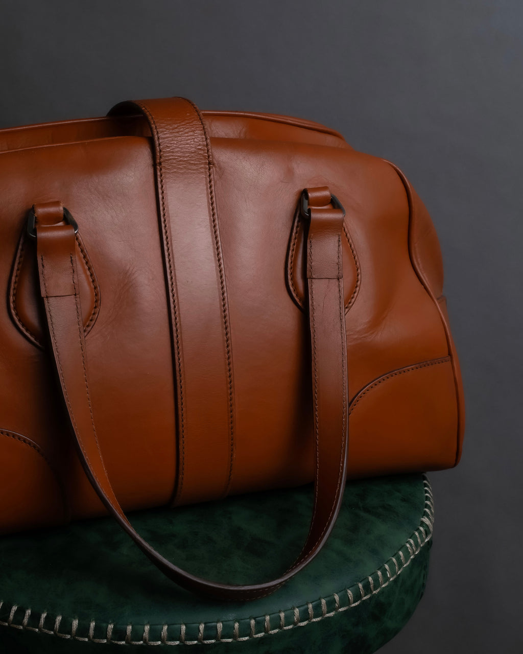 "PRADA" Belt flap detail rounded boston leather bag