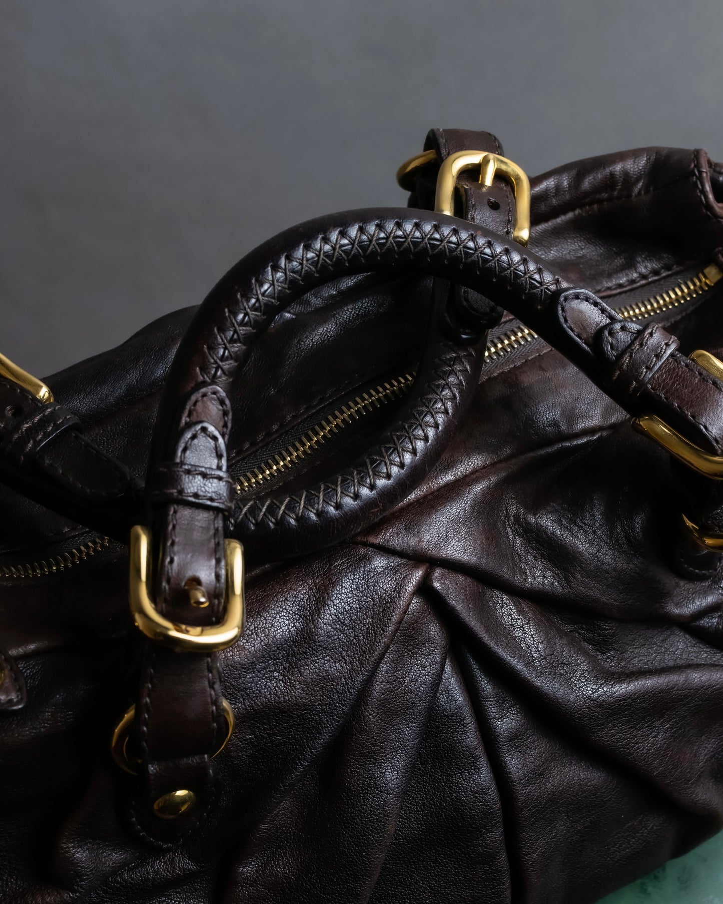 "MIU MIU" Pleated detail rounded boston grained leather 2way bag