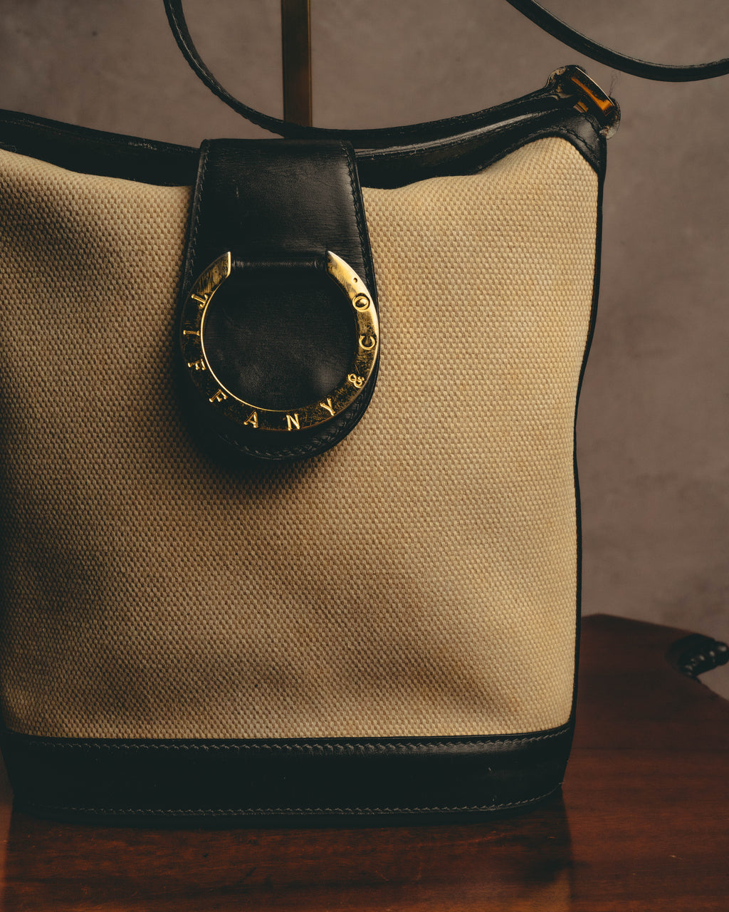 "Tiffany & Co." Vintage two tone canvas and leather shoulder bag