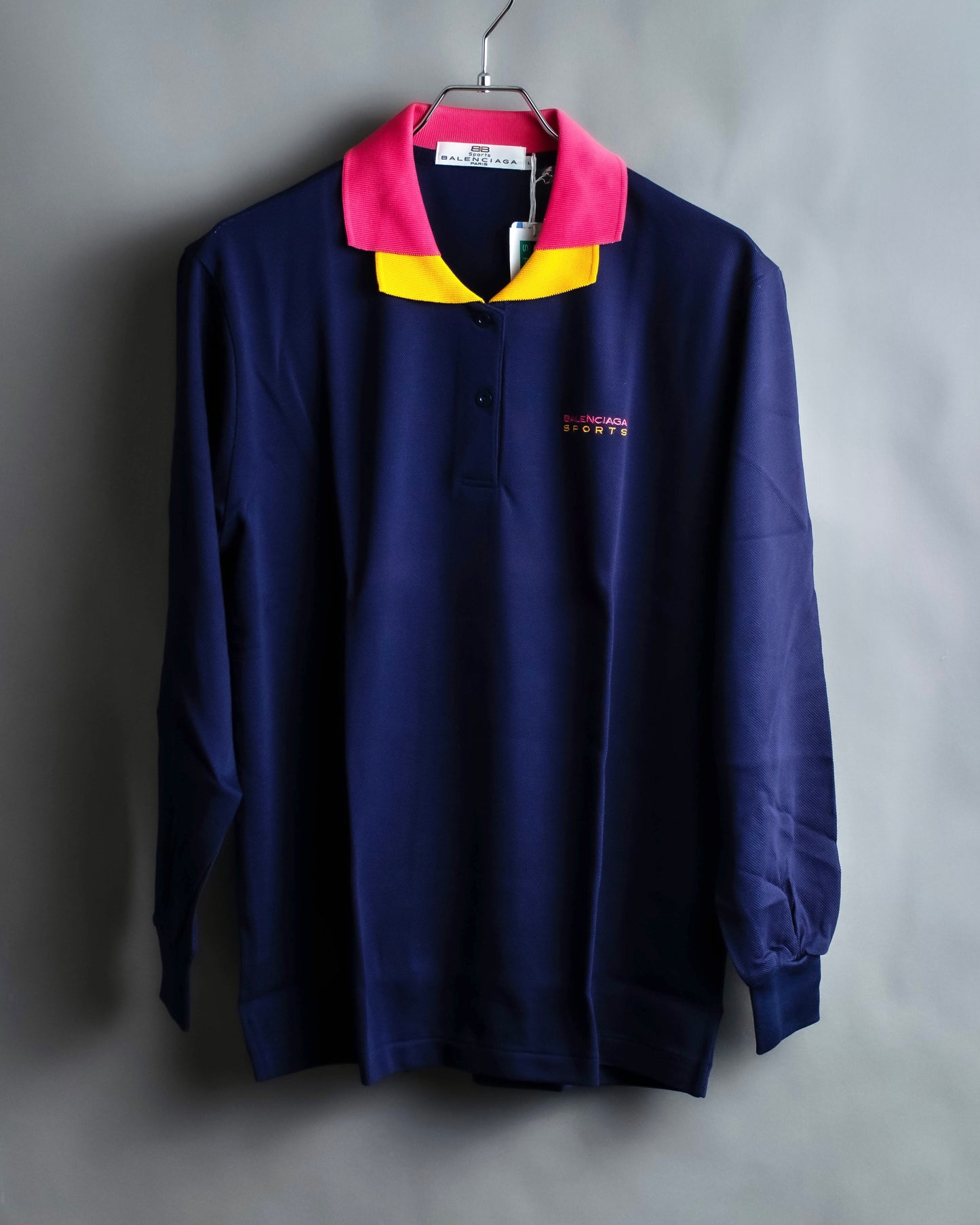 "Balenciaga Sports" Pink &amp; yellow collar long sleeve polo shirt