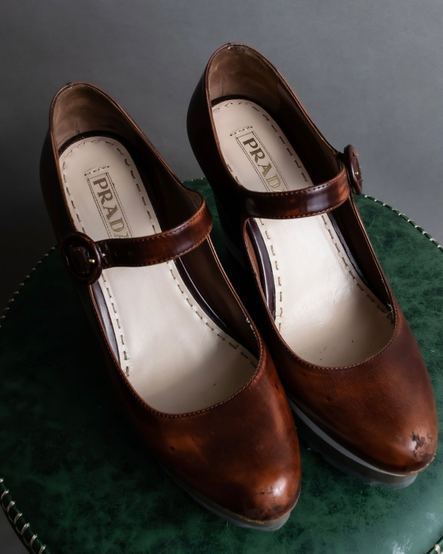 "PRADA" Brown leather stepped sole wedge heel pumps