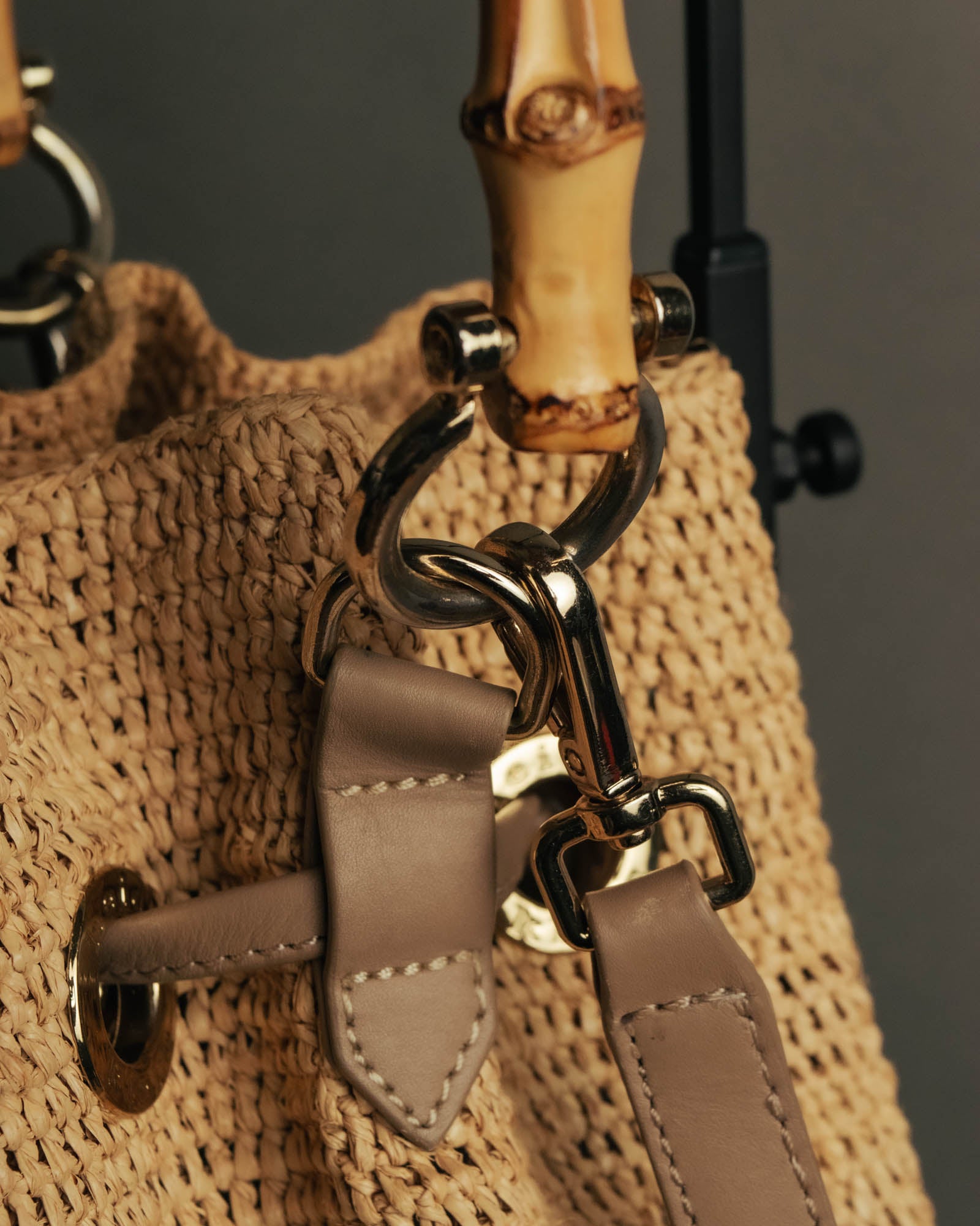 “Heidi Klein” Natural raffia bamboo handle bucket bag