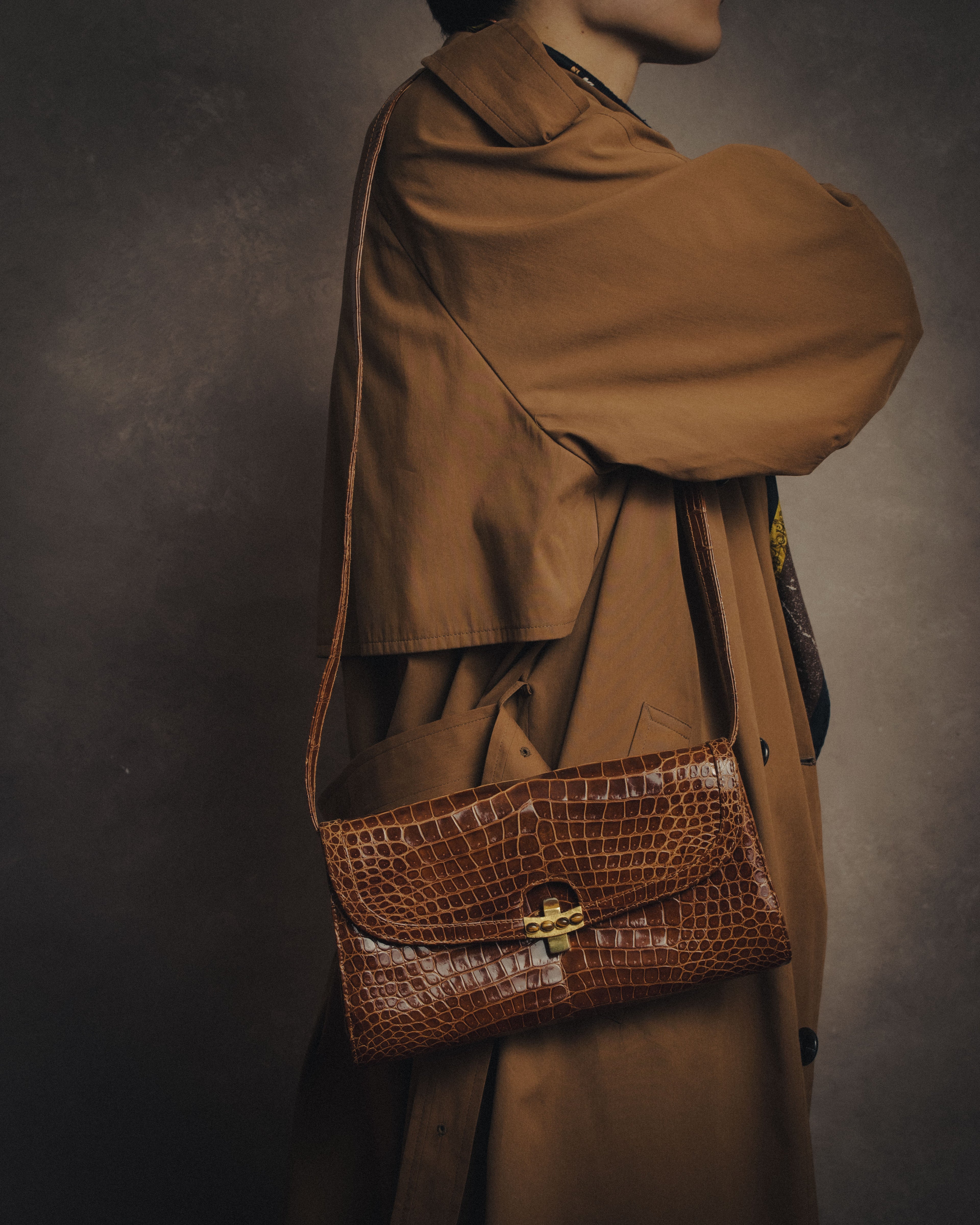 -SPECIAL- “GUCCI” 70’s Crocodile tiger eye clasp shoulder bag