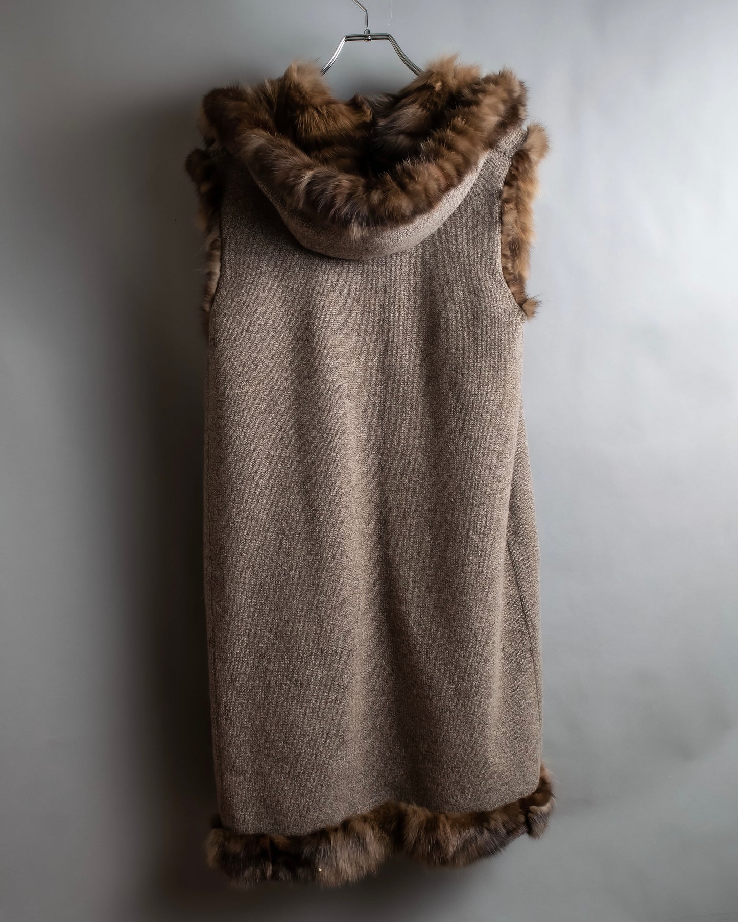 Vintage cashmere knit fur dogged reversible long gilet